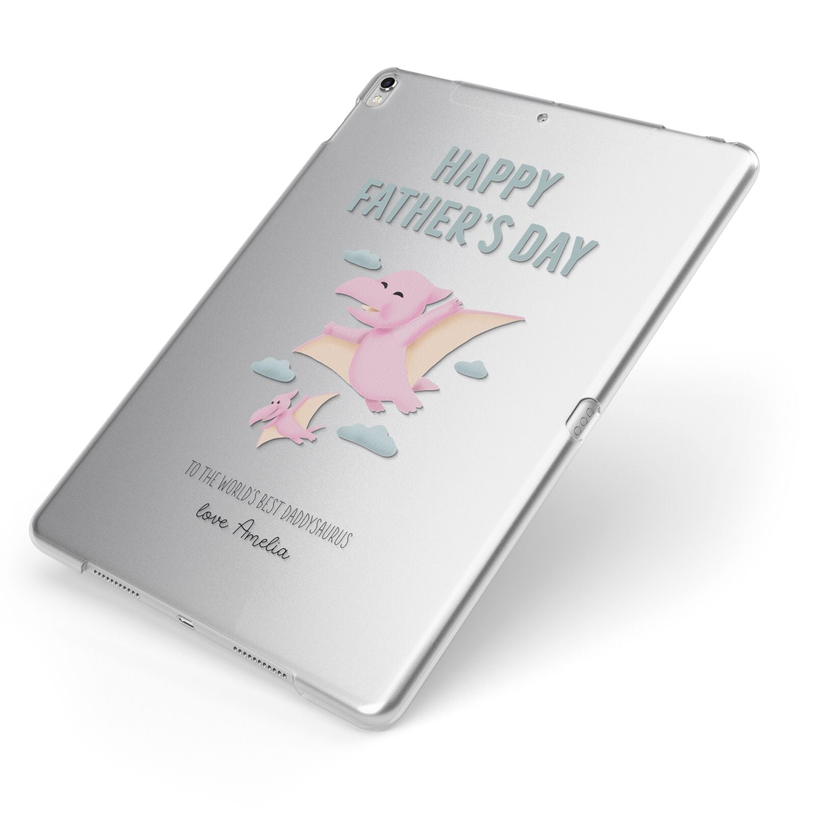 Pink Dino Happy Fathers Day Custom Apple iPad Case on Silver iPad Side View