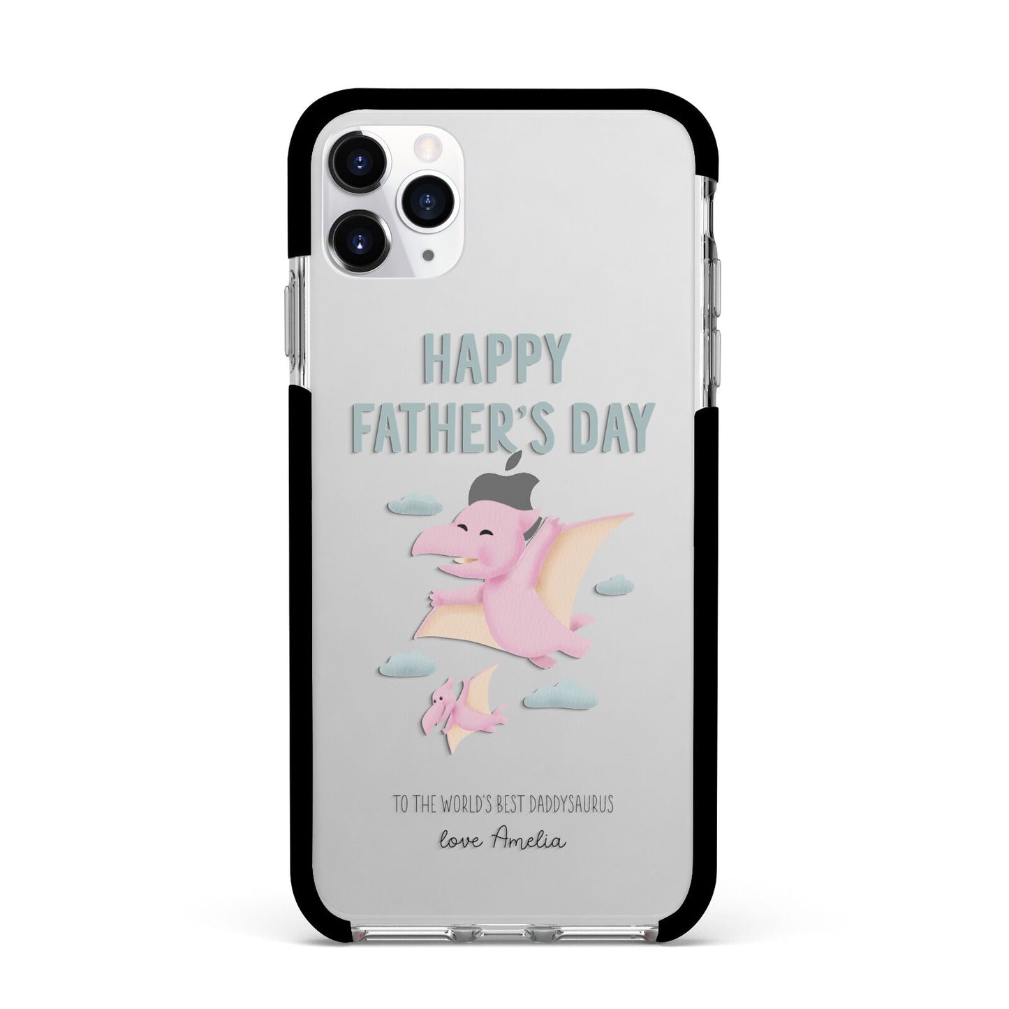 Pink Dino Happy Fathers Day Custom Apple iPhone 11 Pro Max in Silver with Black Impact Case