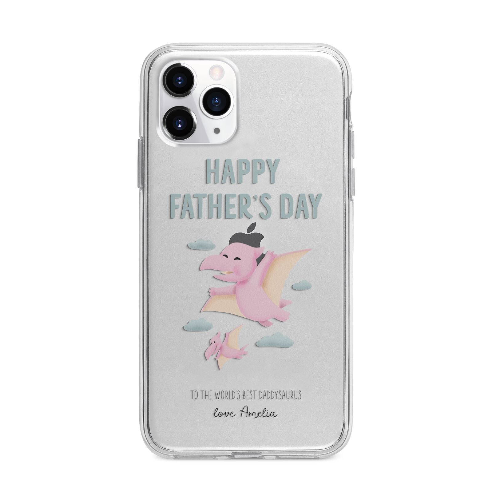 Pink Dino Happy Fathers Day Custom Apple iPhone 11 Pro Max in Silver with Bumper Case