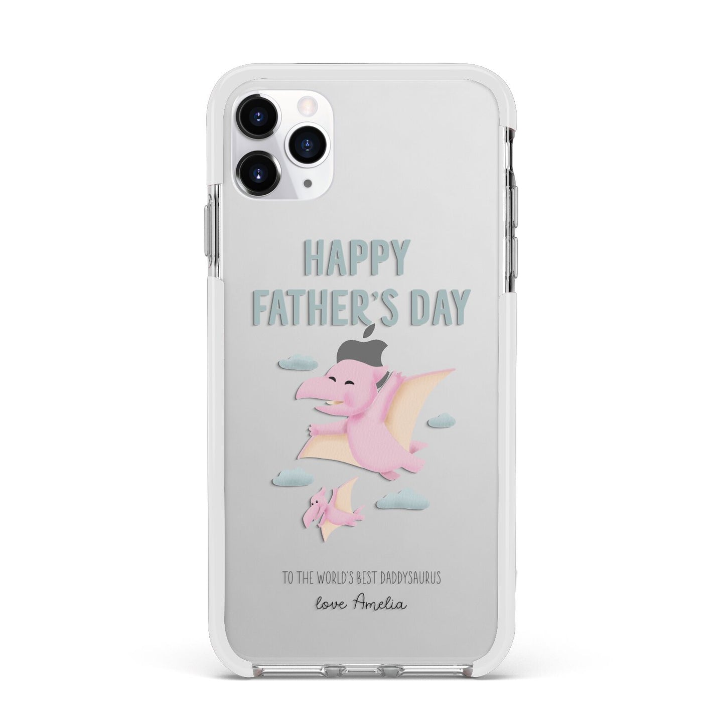 Pink Dino Happy Fathers Day Custom Apple iPhone 11 Pro Max in Silver with White Impact Case