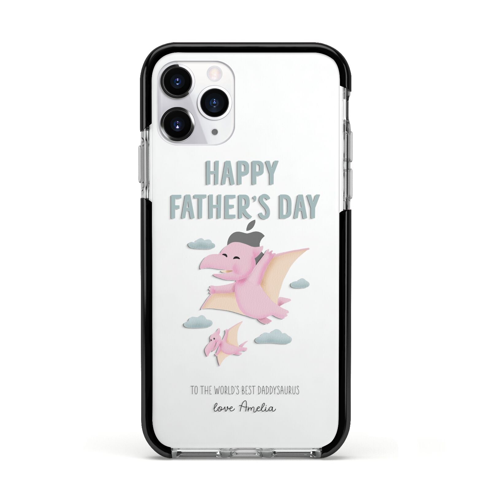 Pink Dino Happy Fathers Day Custom Apple iPhone 11 Pro in Silver with Black Impact Case