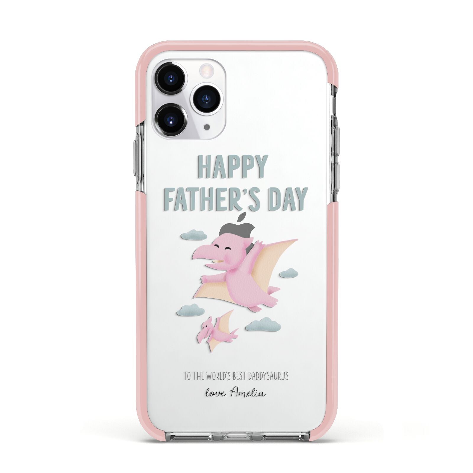 Pink Dino Happy Fathers Day Custom Apple iPhone 11 Pro in Silver with Pink Impact Case