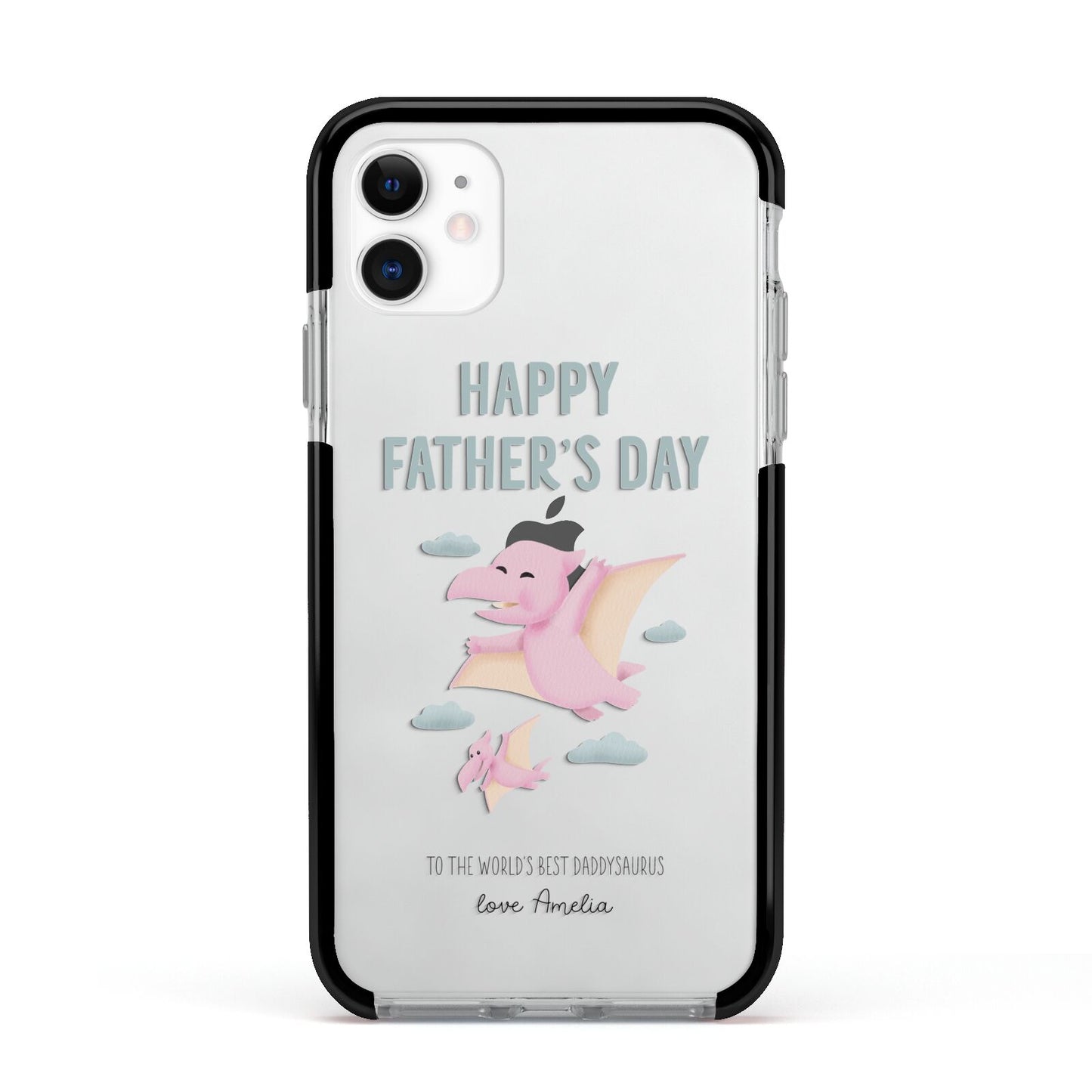 Pink Dino Happy Fathers Day Custom Apple iPhone 11 in White with Black Impact Case