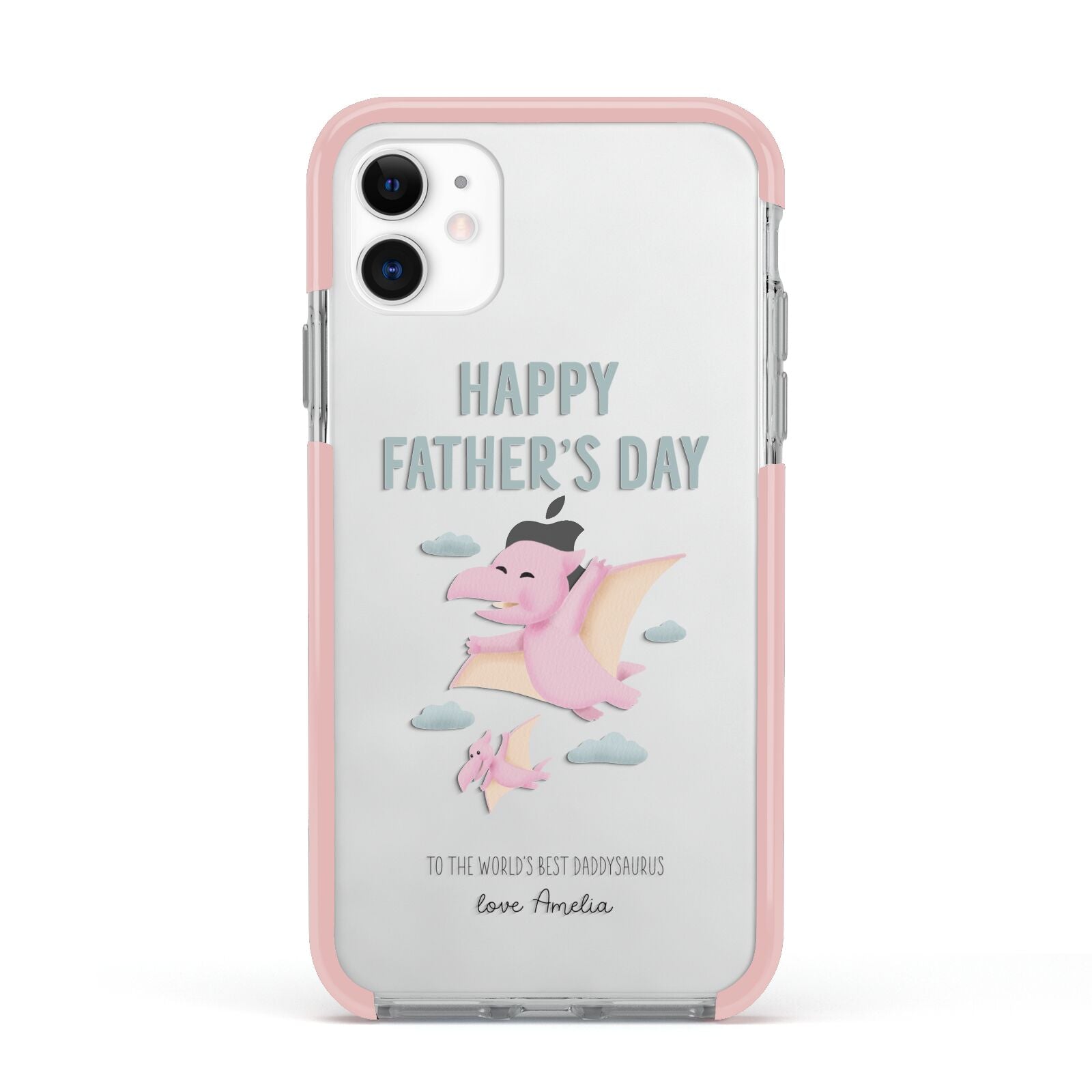 Pink Dino Happy Fathers Day Custom Apple iPhone 11 in White with Pink Impact Case