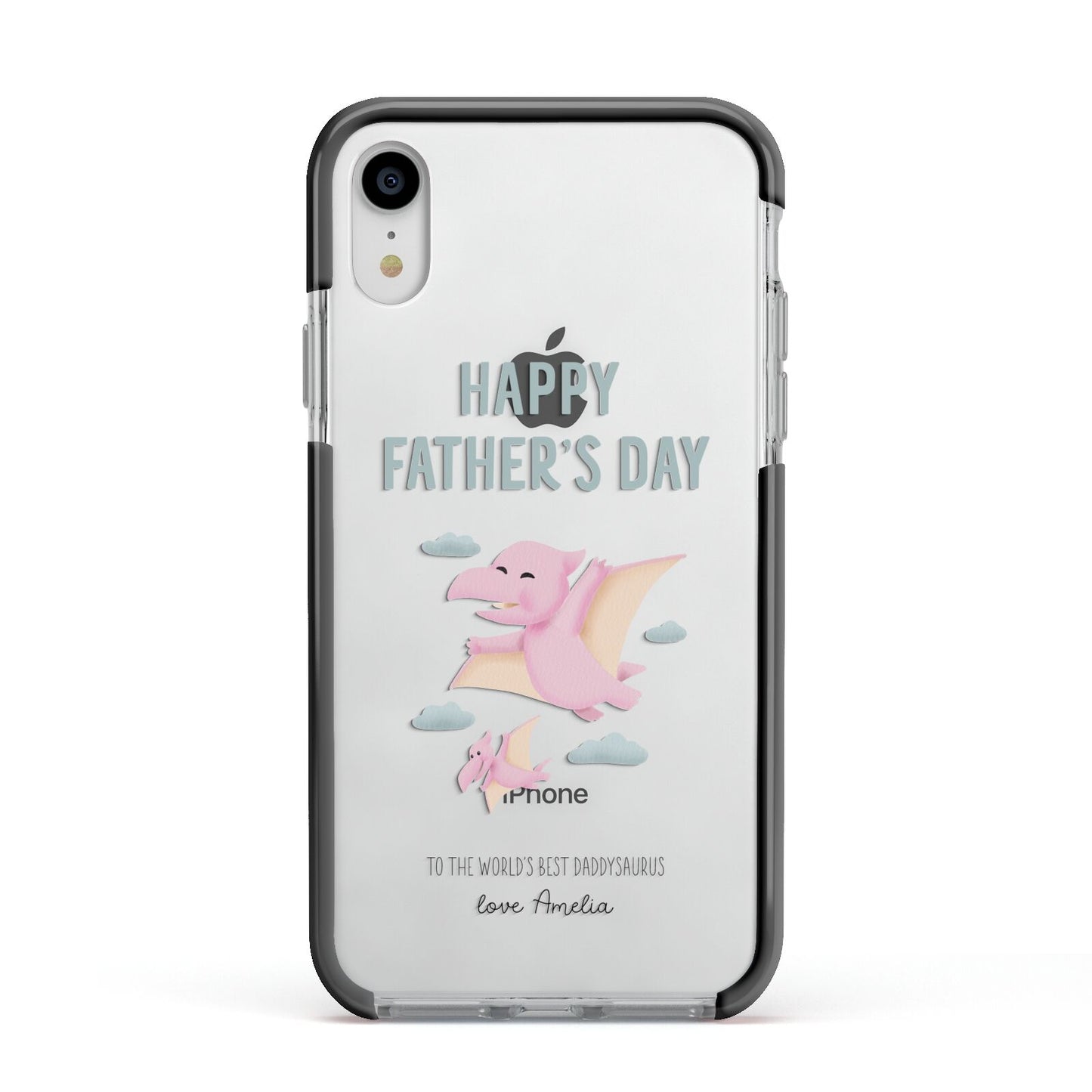 Pink Dino Happy Fathers Day Custom Apple iPhone XR Impact Case Black Edge on Silver Phone