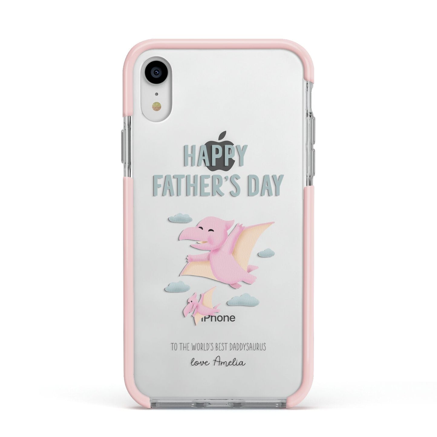 Pink Dino Happy Fathers Day Custom Apple iPhone XR Impact Case Pink Edge on Silver Phone