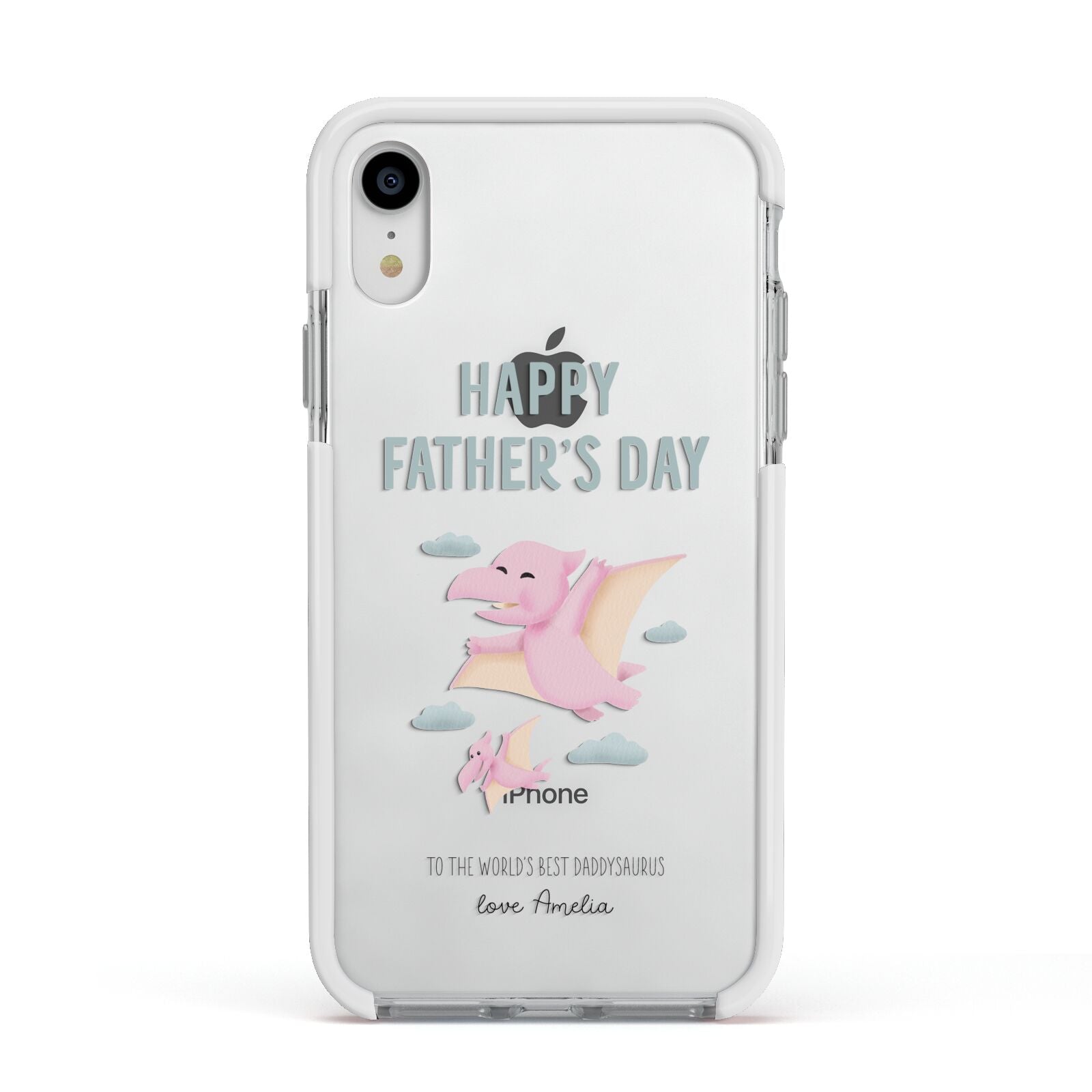 Pink Dino Happy Fathers Day Custom Apple iPhone XR Impact Case White Edge on Silver Phone