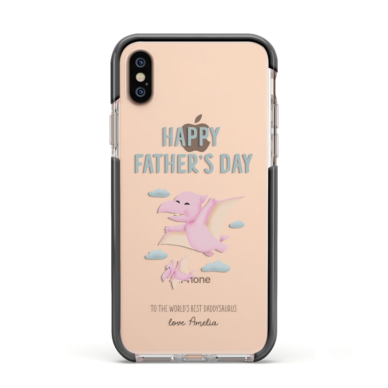 Pink Dino Happy Fathers Day Custom Apple iPhone Xs Impact Case Black Edge on Gold Phone