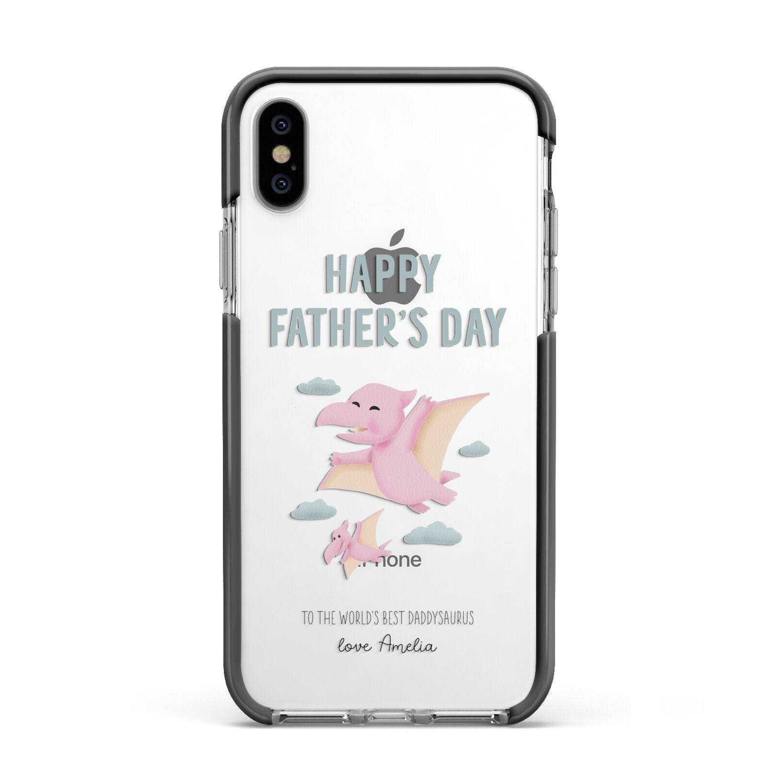 Pink Dino Happy Fathers Day Custom Apple iPhone Xs Impact Case Black Edge on Silver Phone