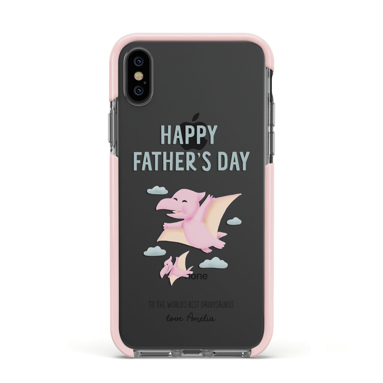 Pink Dino Happy Fathers Day Custom Apple iPhone Xs Impact Case Pink Edge on Black Phone