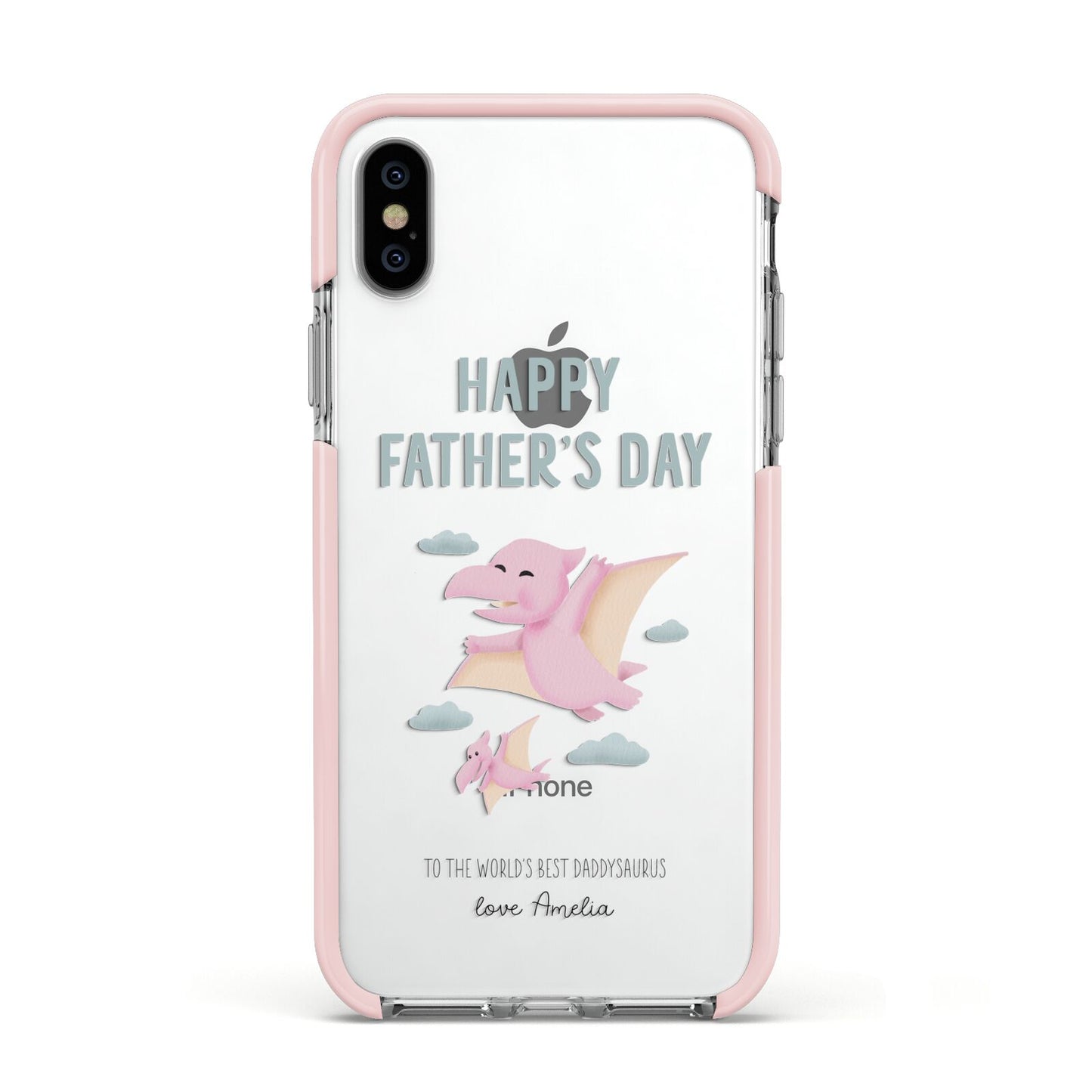 Pink Dino Happy Fathers Day Custom Apple iPhone Xs Impact Case Pink Edge on Silver Phone