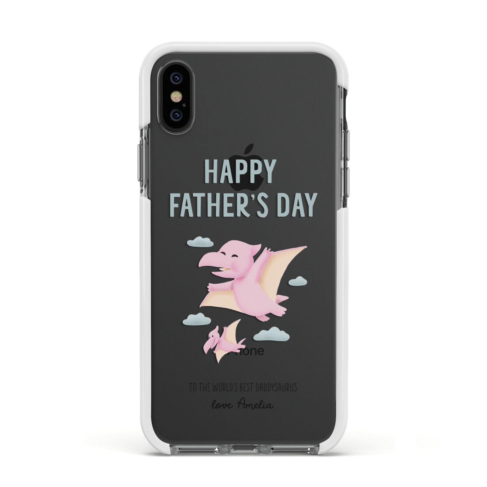 Pink Dino Happy Fathers Day Custom Apple iPhone Xs Impact Case White Edge on Black Phone