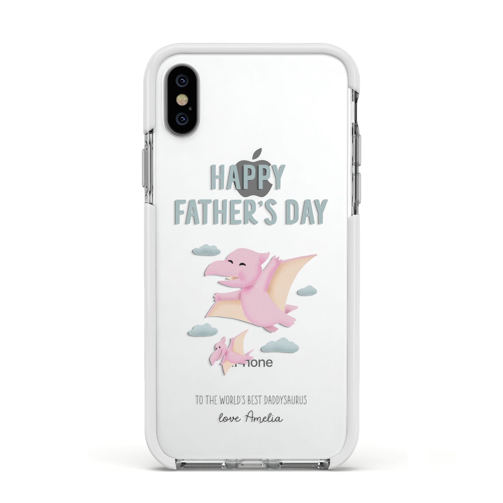 Pink Dino Happy Fathers Day Custom Apple iPhone Xs Impact Case White Edge on Silver Phone