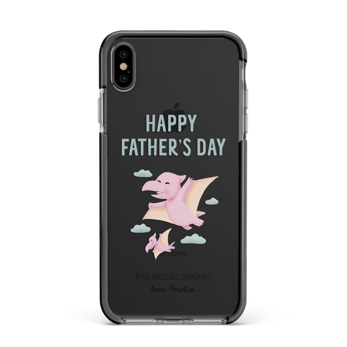 Pink Dino Happy Fathers Day Custom Apple iPhone Xs Max Impact Case Black Edge on Black Phone