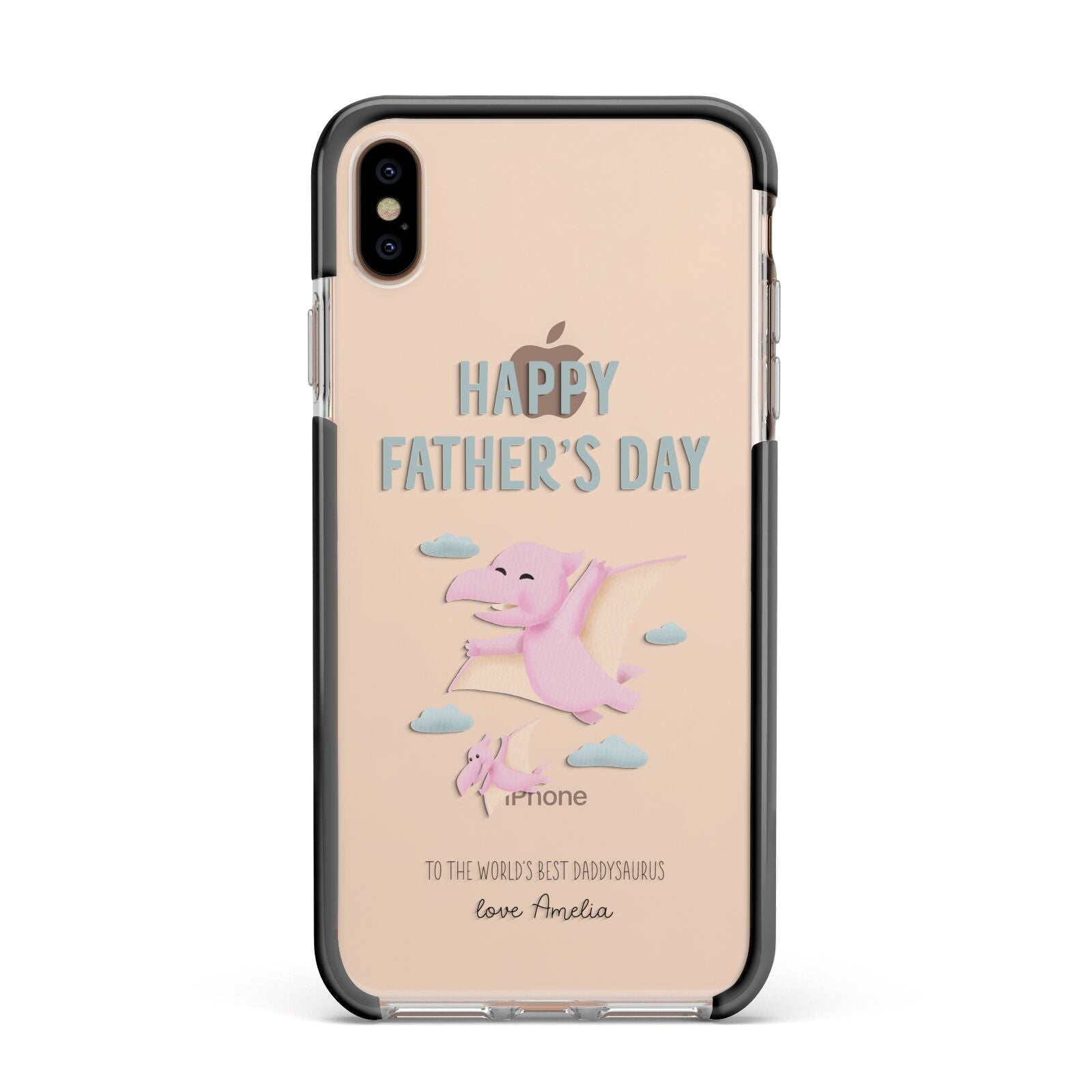 Pink Dino Happy Fathers Day Custom Apple iPhone Xs Max Impact Case Black Edge on Gold Phone