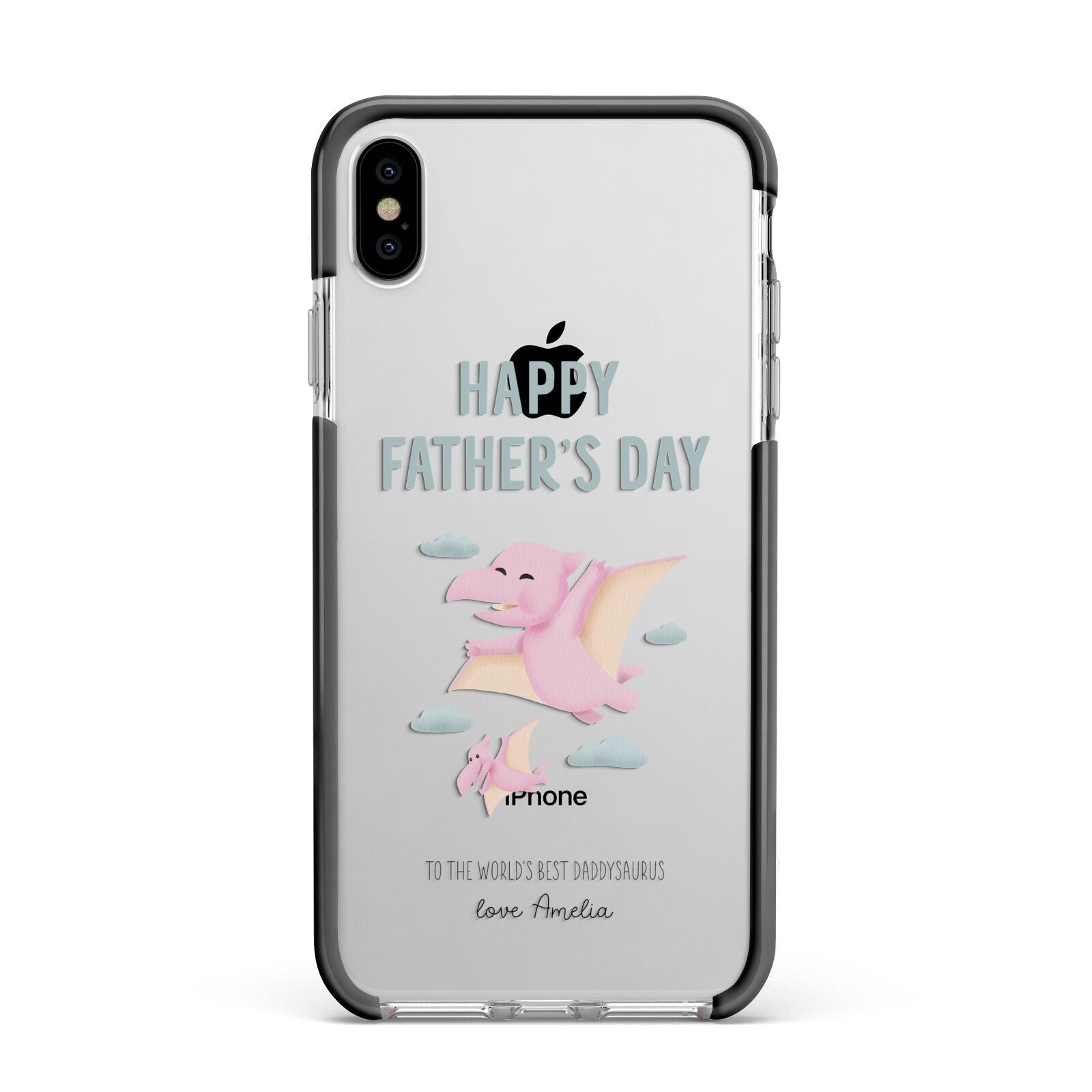 Pink Dino Happy Fathers Day Custom Apple iPhone Xs Max Impact Case Black Edge on Silver Phone