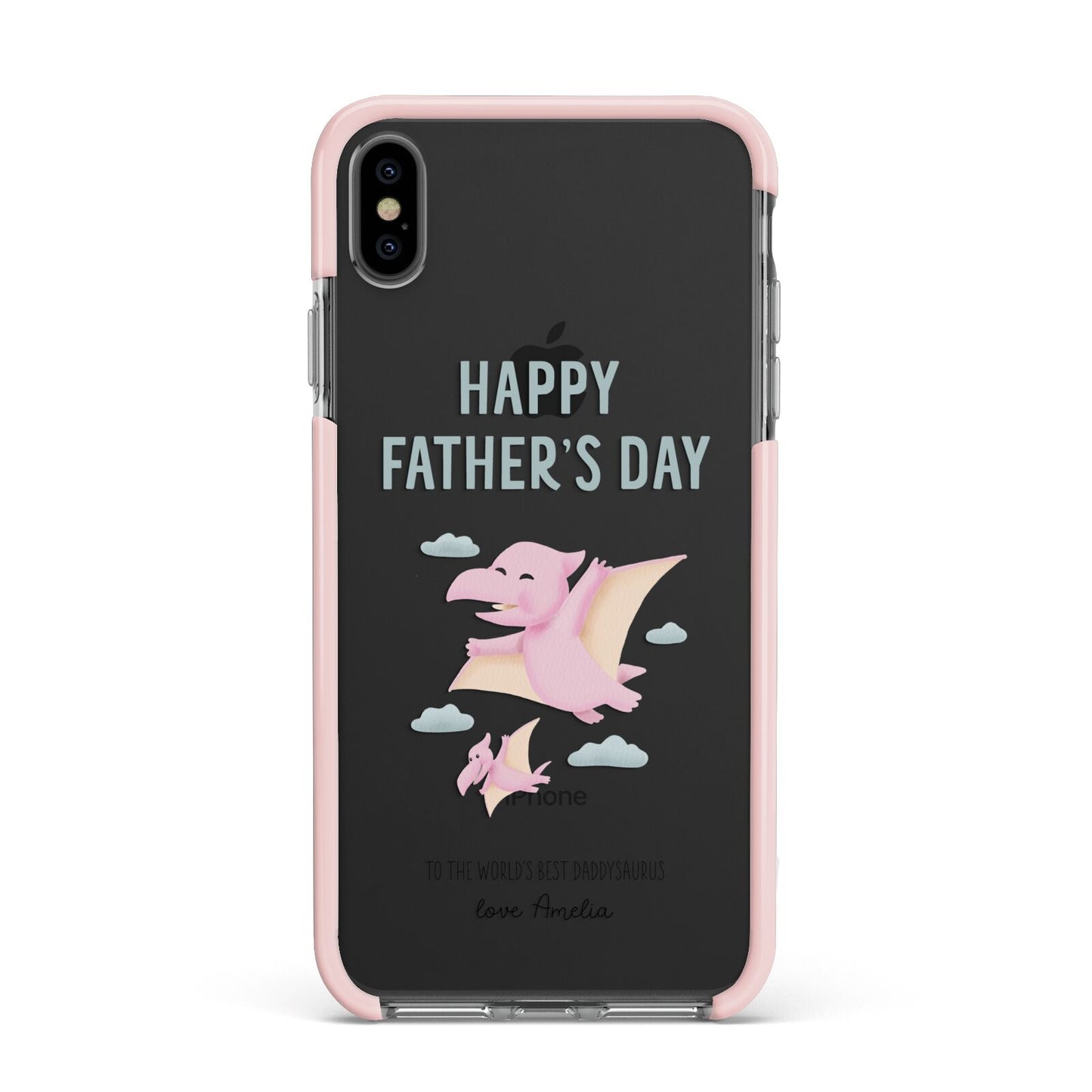 Pink Dino Happy Fathers Day Custom Apple iPhone Xs Max Impact Case Pink Edge on Black Phone
