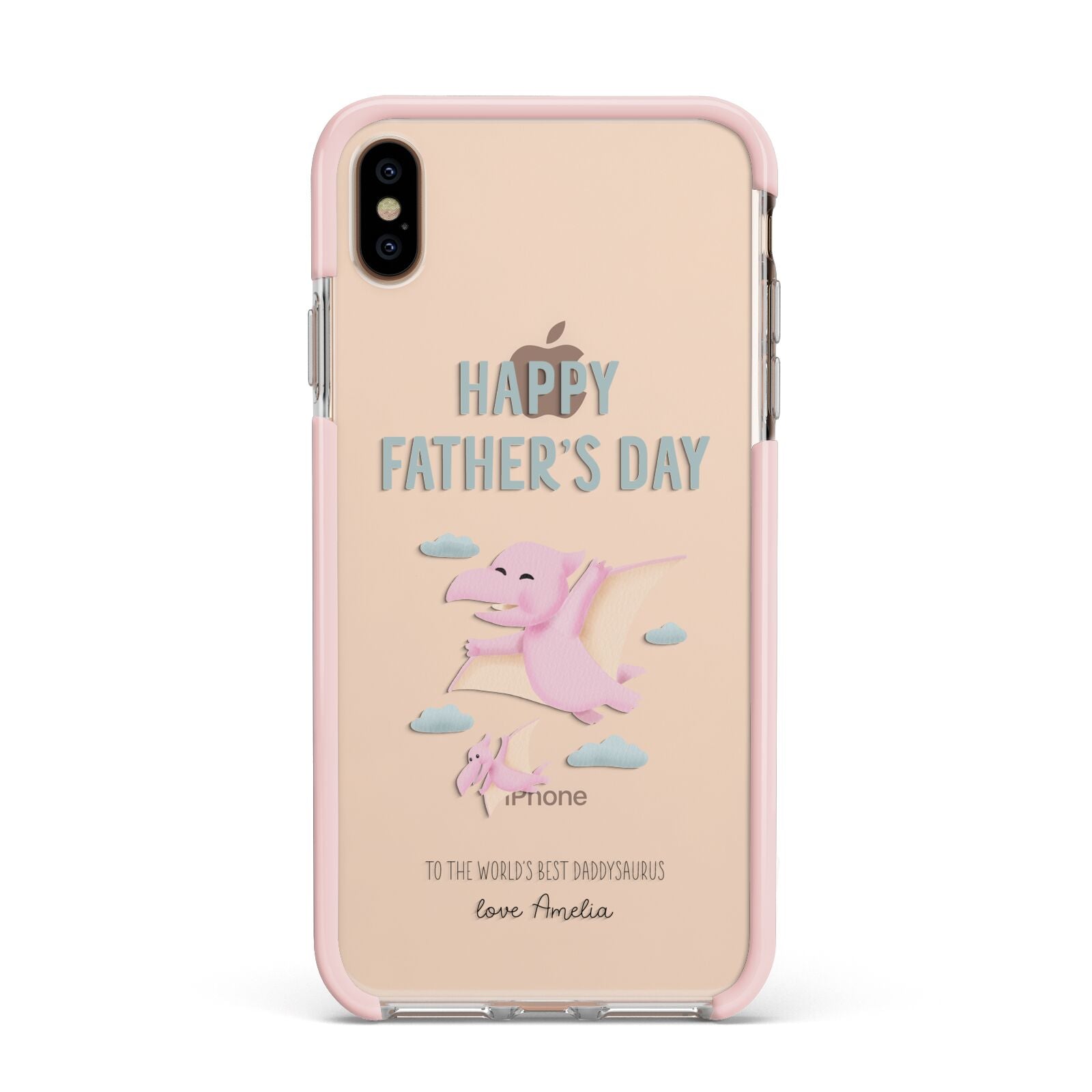 Pink Dino Happy Fathers Day Custom Apple iPhone Xs Max Impact Case Pink Edge on Gold Phone