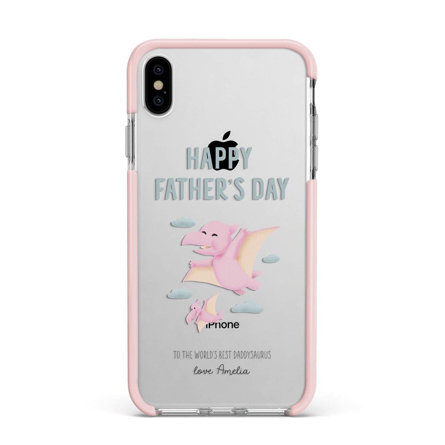 Pink Dino Happy Fathers Day Custom Apple iPhone Xs Max Impact Case Pink Edge on Silver Phone