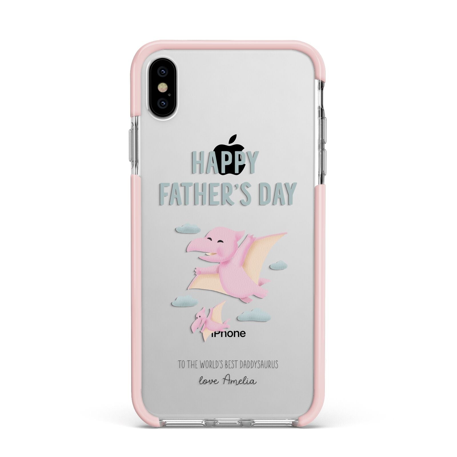 Pink Dino Happy Fathers Day Custom Apple iPhone Xs Max Impact Case Pink Edge on Silver Phone
