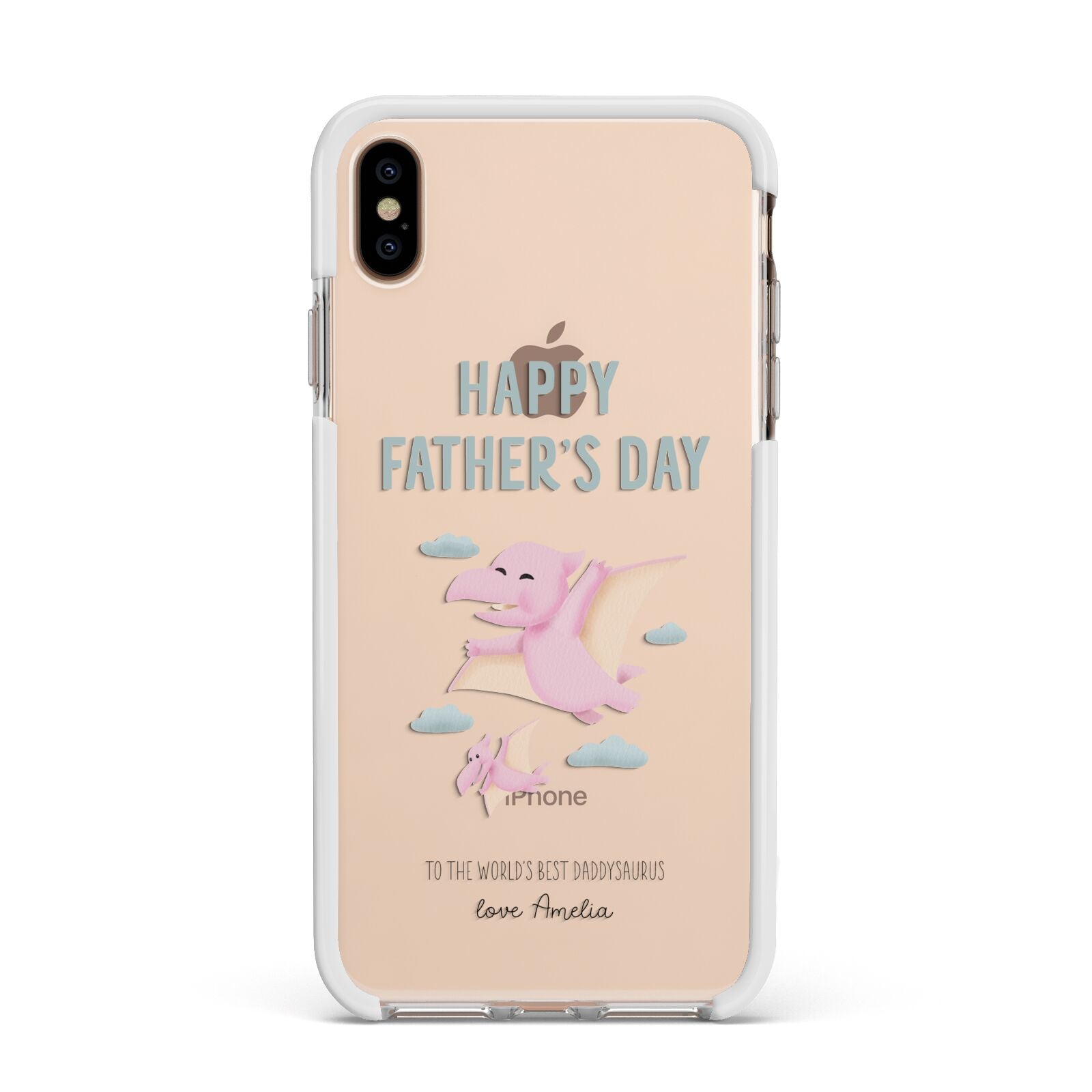 Pink Dino Happy Fathers Day Custom Apple iPhone Xs Max Impact Case White Edge on Gold Phone