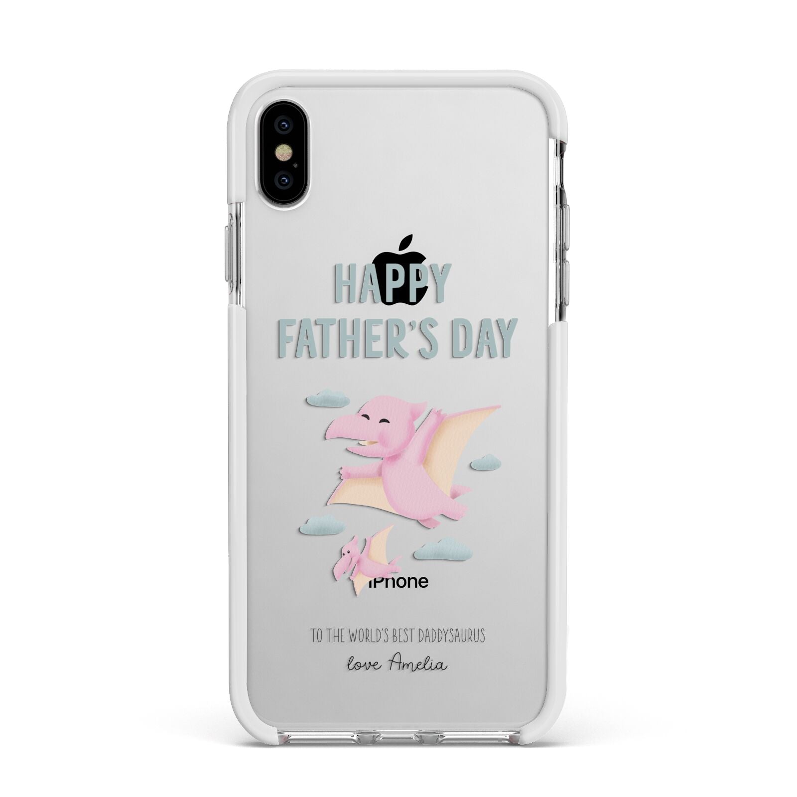 Pink Dino Happy Fathers Day Custom Apple iPhone Xs Max Impact Case White Edge on Silver Phone