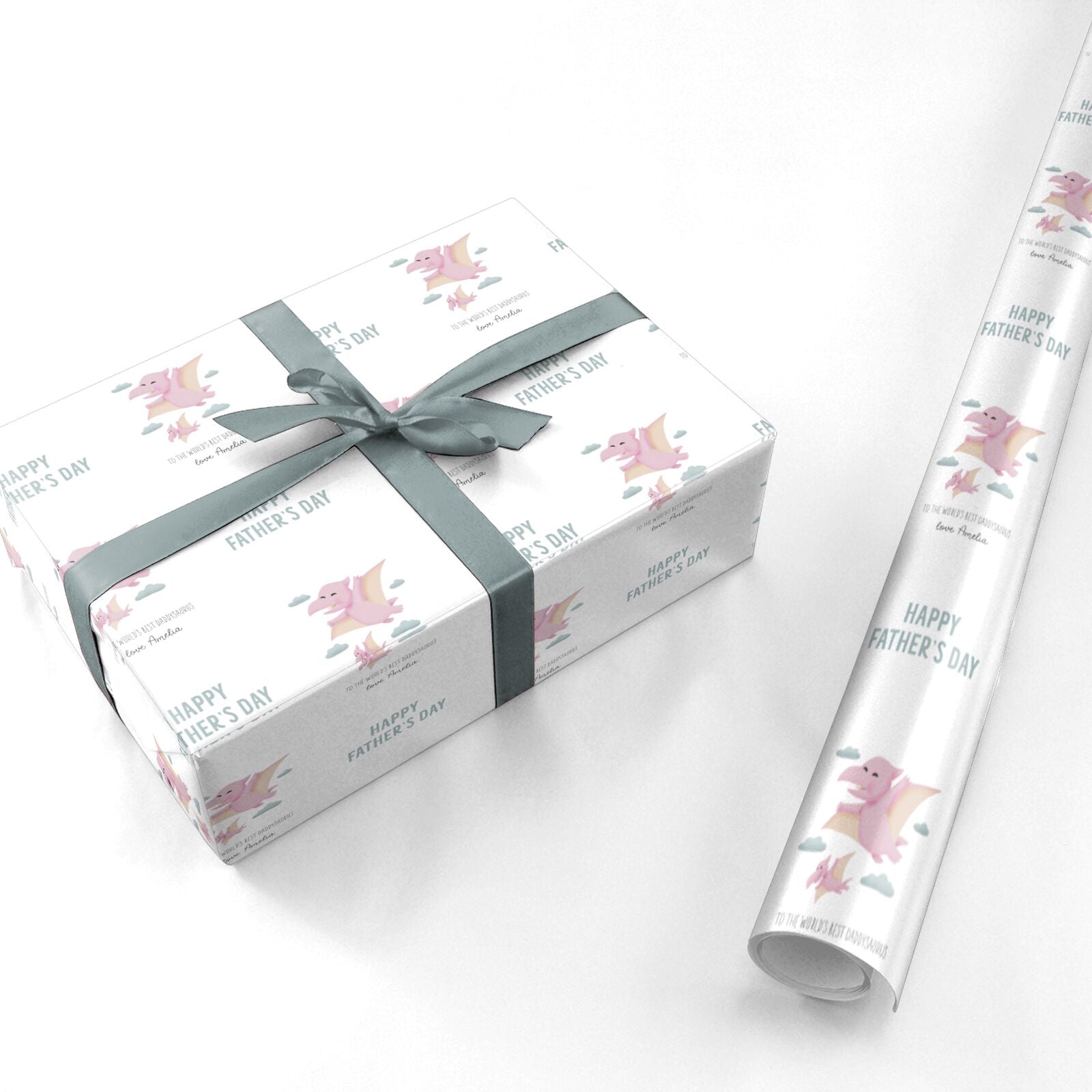 Pink Dino Happy Fathers Day Custom Personalised Wrapping Paper