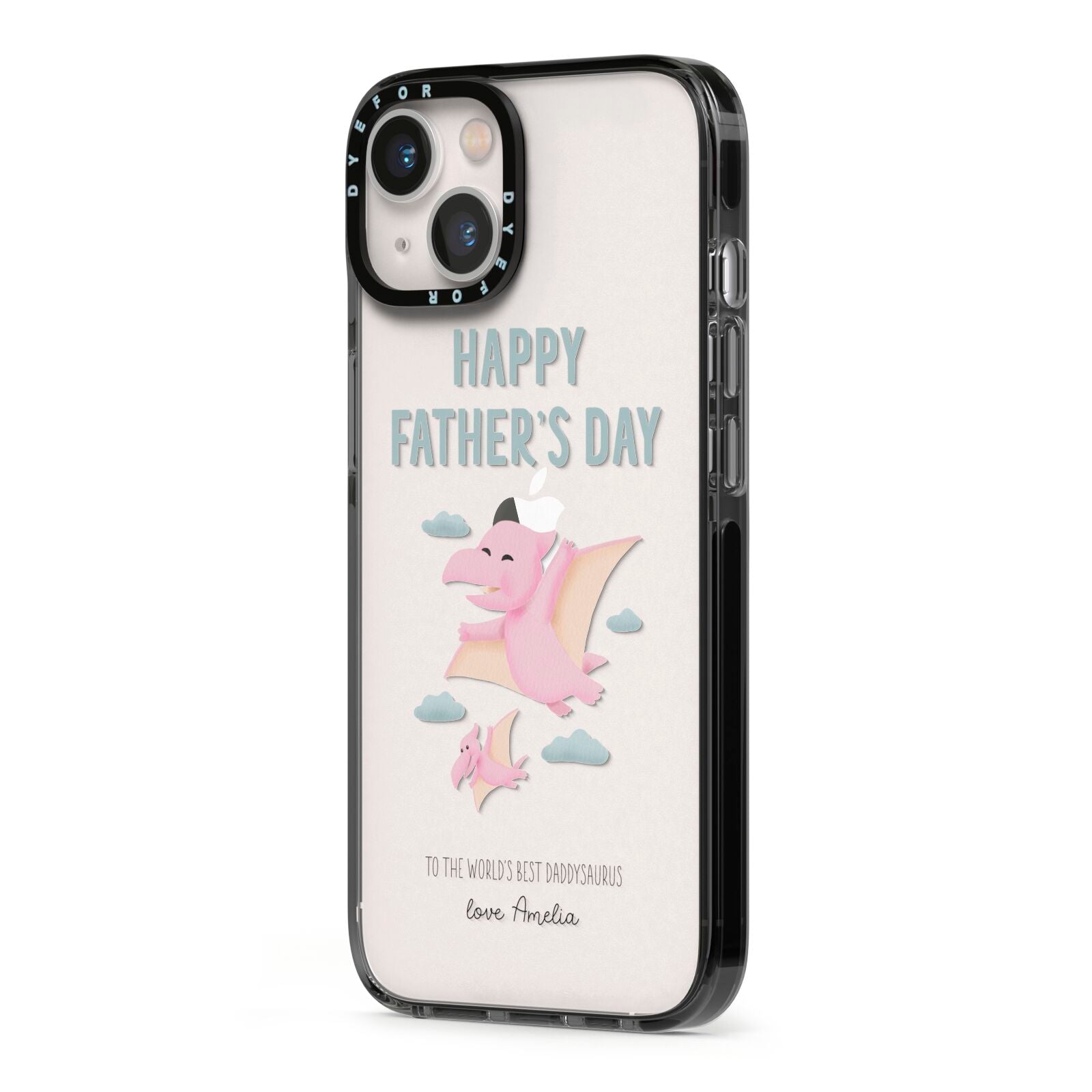 Pink Dino Happy Fathers Day Custom iPhone 13 Black Impact Case Side Angle on Silver phone