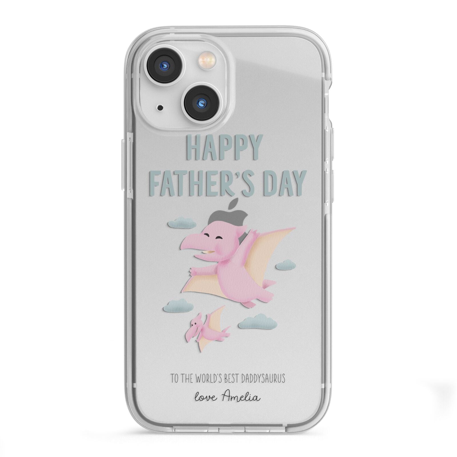Pink Dino Happy Fathers Day Custom iPhone 13 Mini TPU Impact Case with White Edges