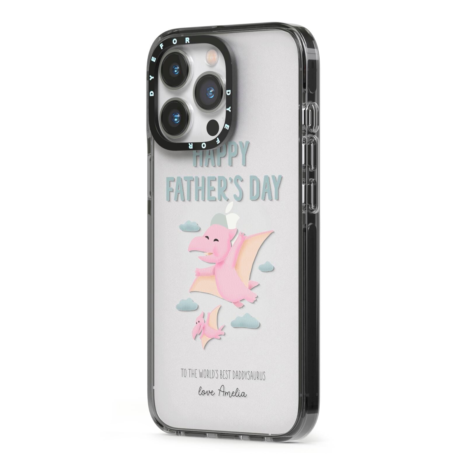 Pink Dino Happy Fathers Day Custom iPhone 13 Pro Black Impact Case Side Angle on Silver phone