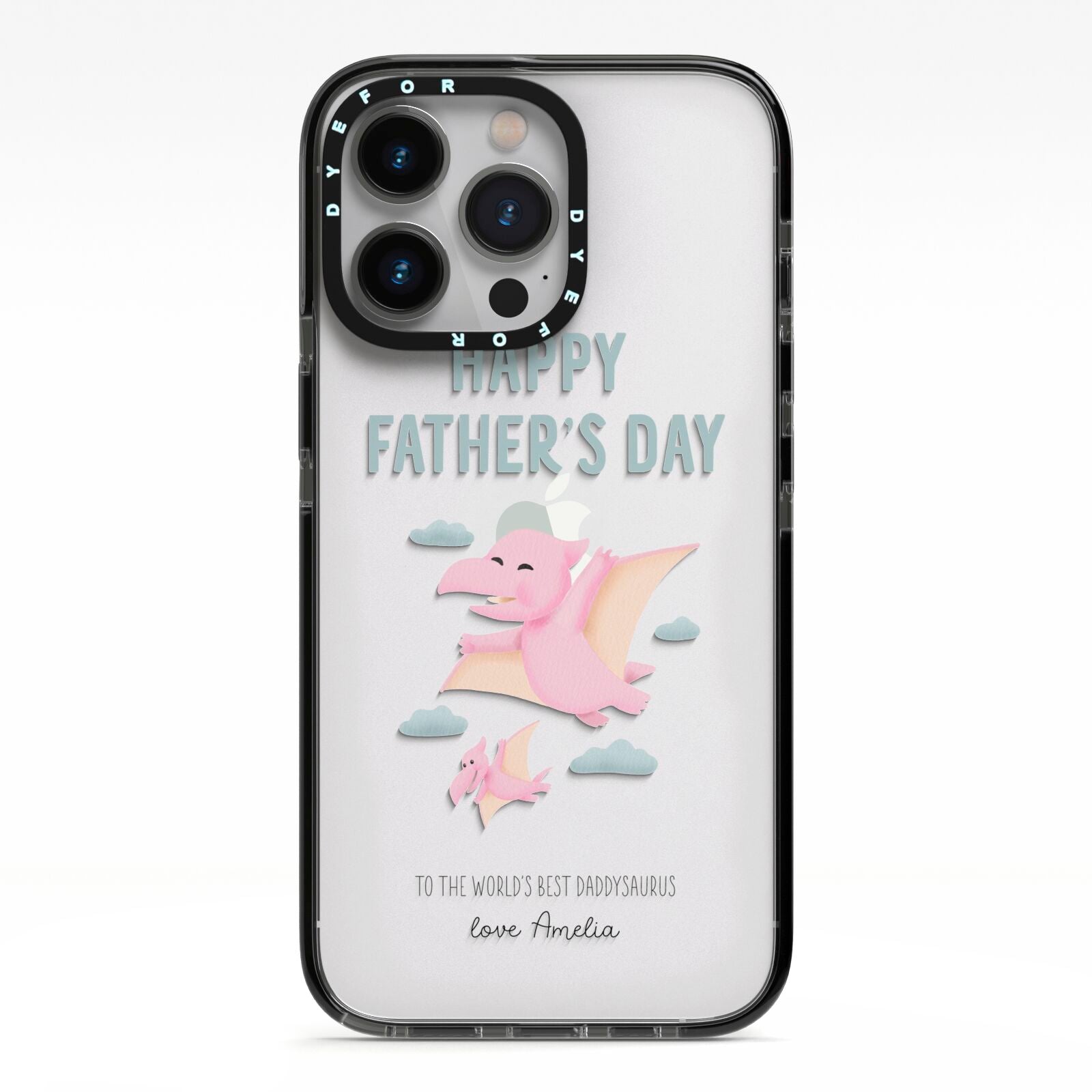 Pink Dino Happy Fathers Day Custom iPhone 13 Pro Black Impact Case on Silver phone