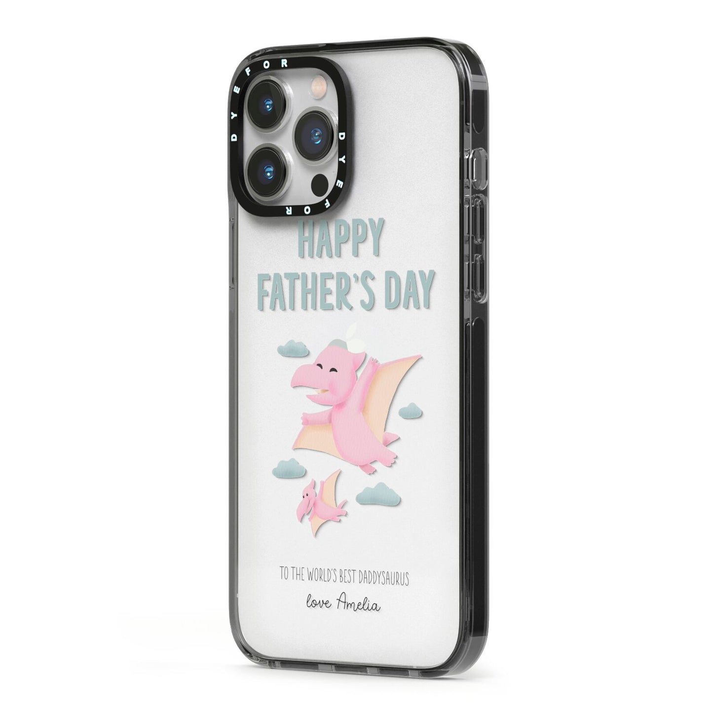 Pink Dino Happy Fathers Day Custom iPhone 13 Pro Max Black Impact Case Side Angle on Silver phone