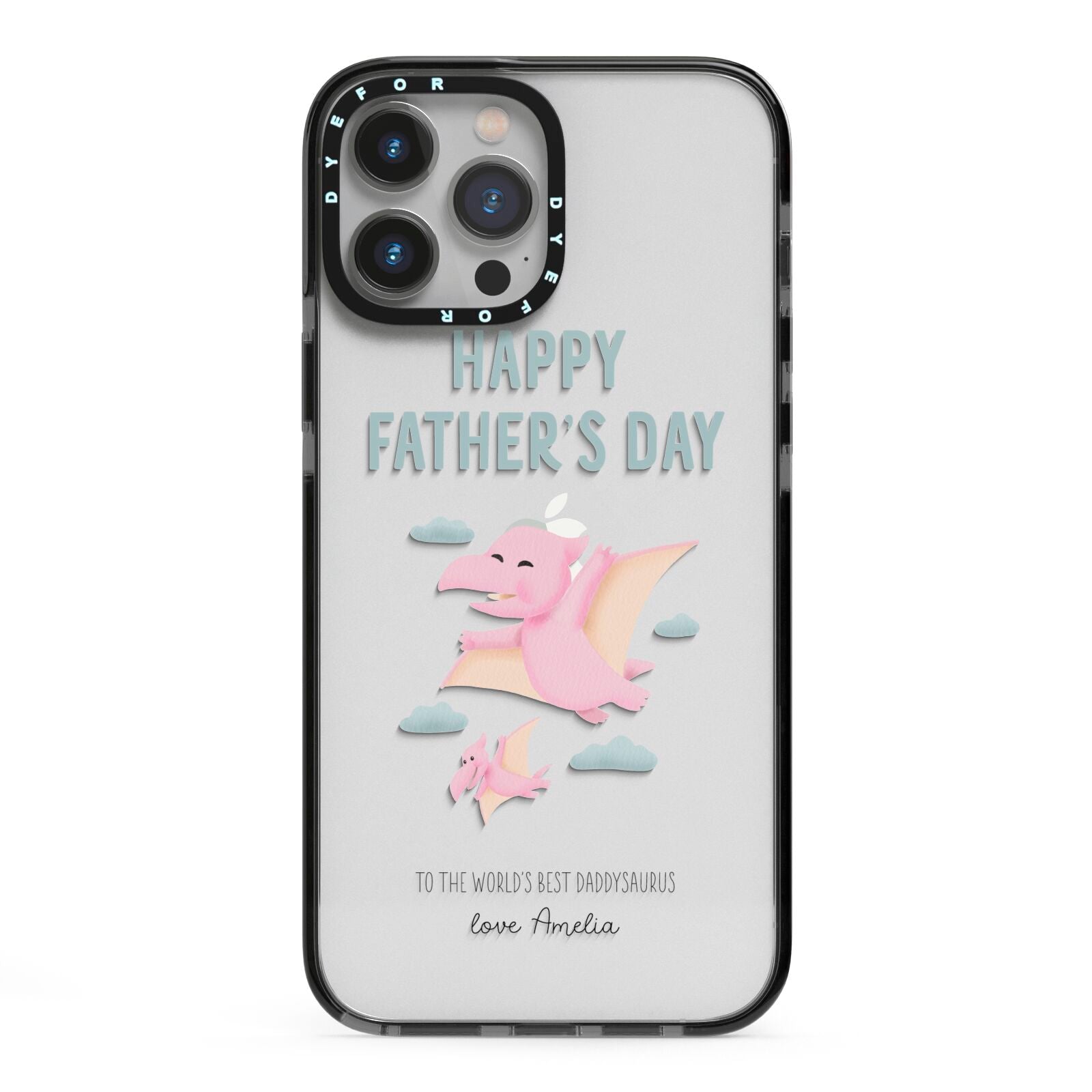Pink Dino Happy Fathers Day Custom iPhone 13 Pro Max Black Impact Case on Silver phone