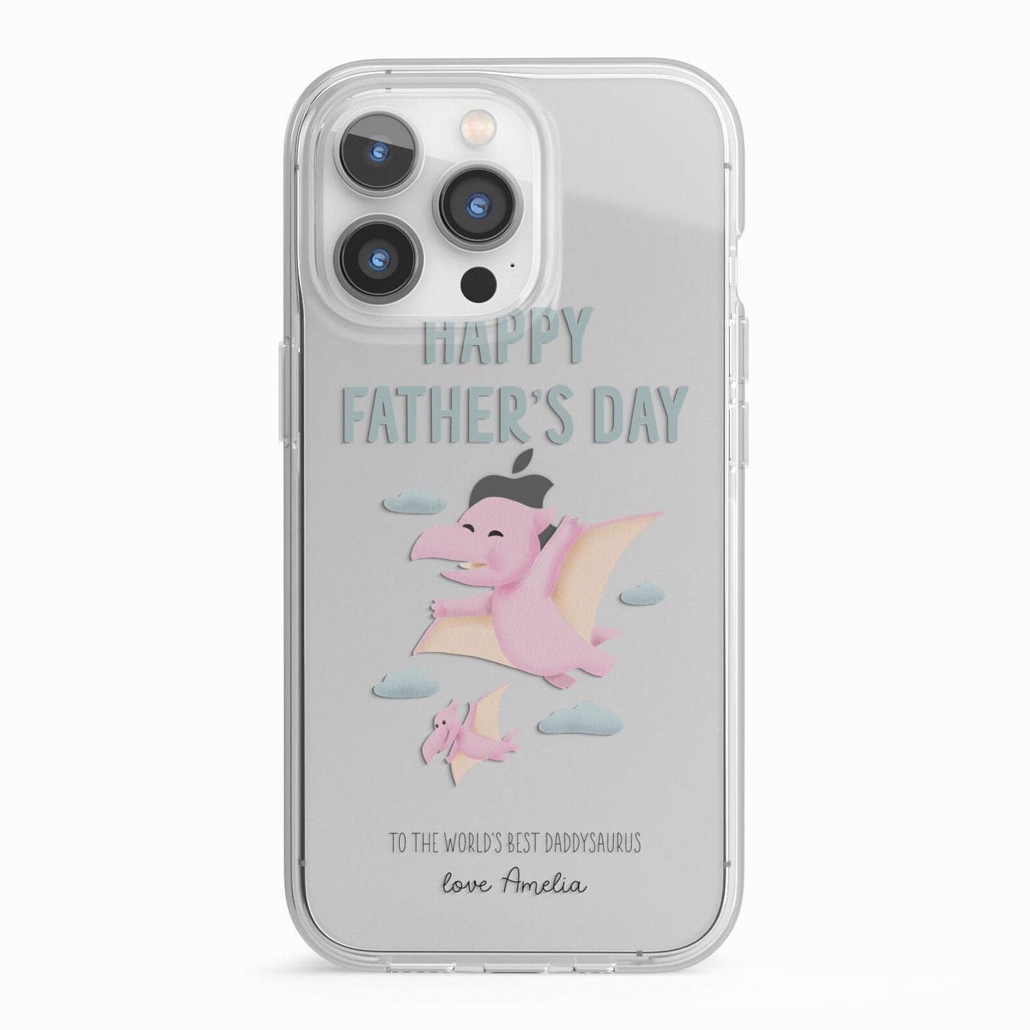 Pink Dino Happy Fathers Day Custom iPhone 13 Pro TPU Impact Case with White Edges