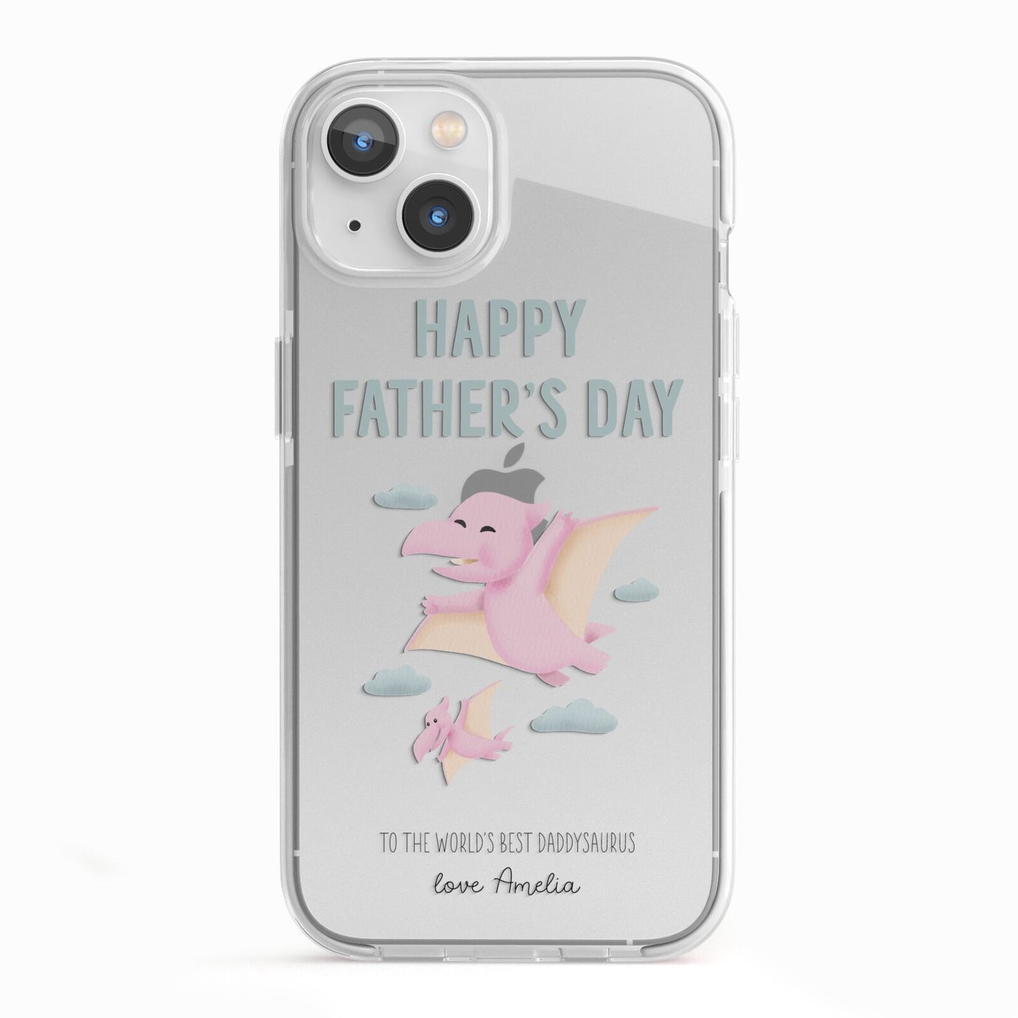 Pink Dino Happy Fathers Day Custom iPhone 13 TPU Impact Case with White Edges