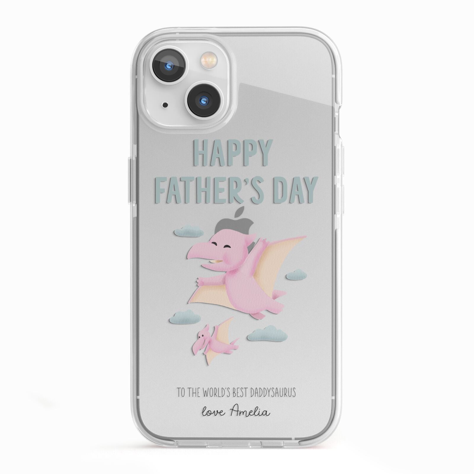 Pink Dino Happy Fathers Day Custom iPhone 13 TPU Impact Case with White Edges