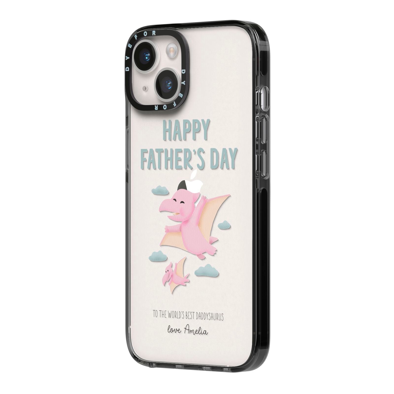 Pink Dino Happy Fathers Day Custom iPhone 14 Black Impact Case Side Angle on Silver phone