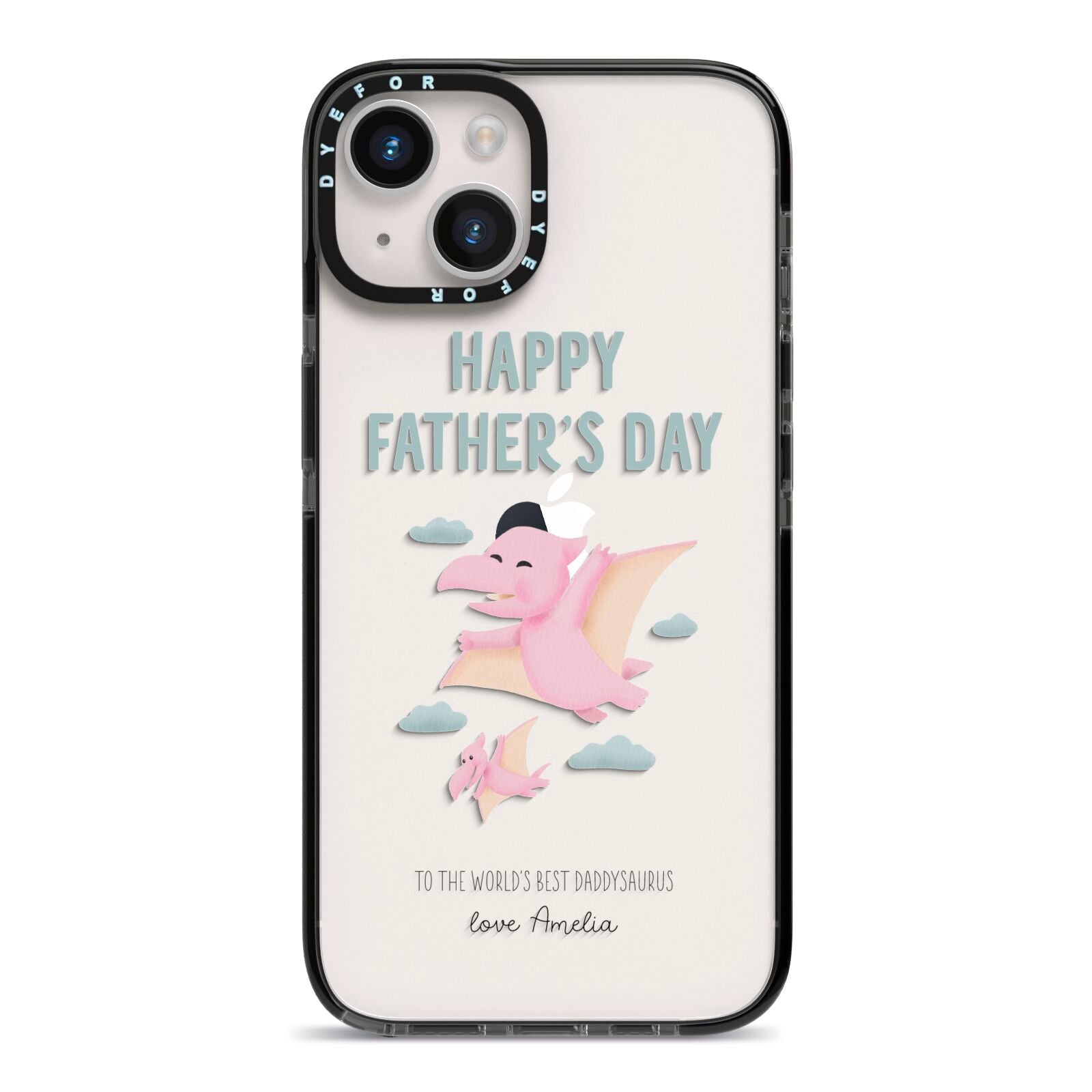 Pink Dino Happy Fathers Day Custom iPhone 14 Black Impact Case on Silver phone