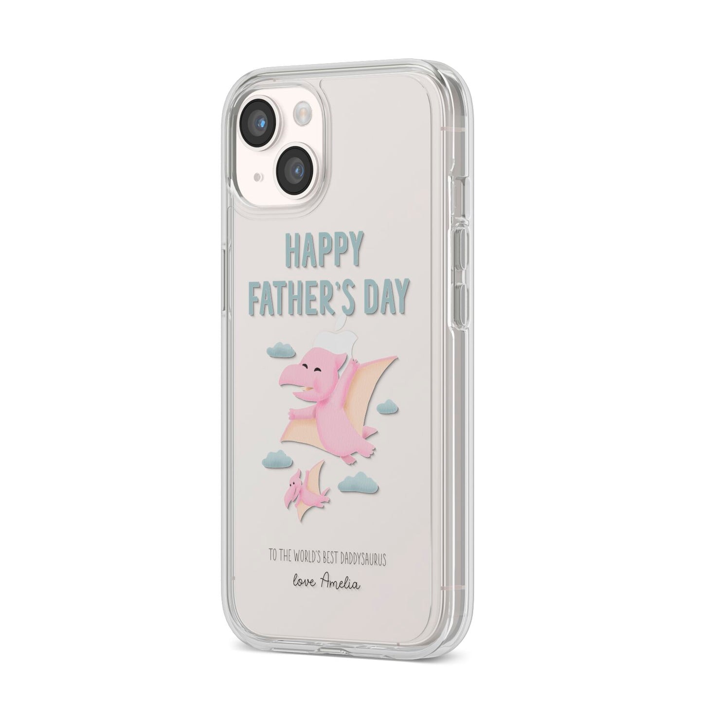 Pink Dino Happy Fathers Day Custom iPhone 14 Clear Tough Case Starlight Angled Image