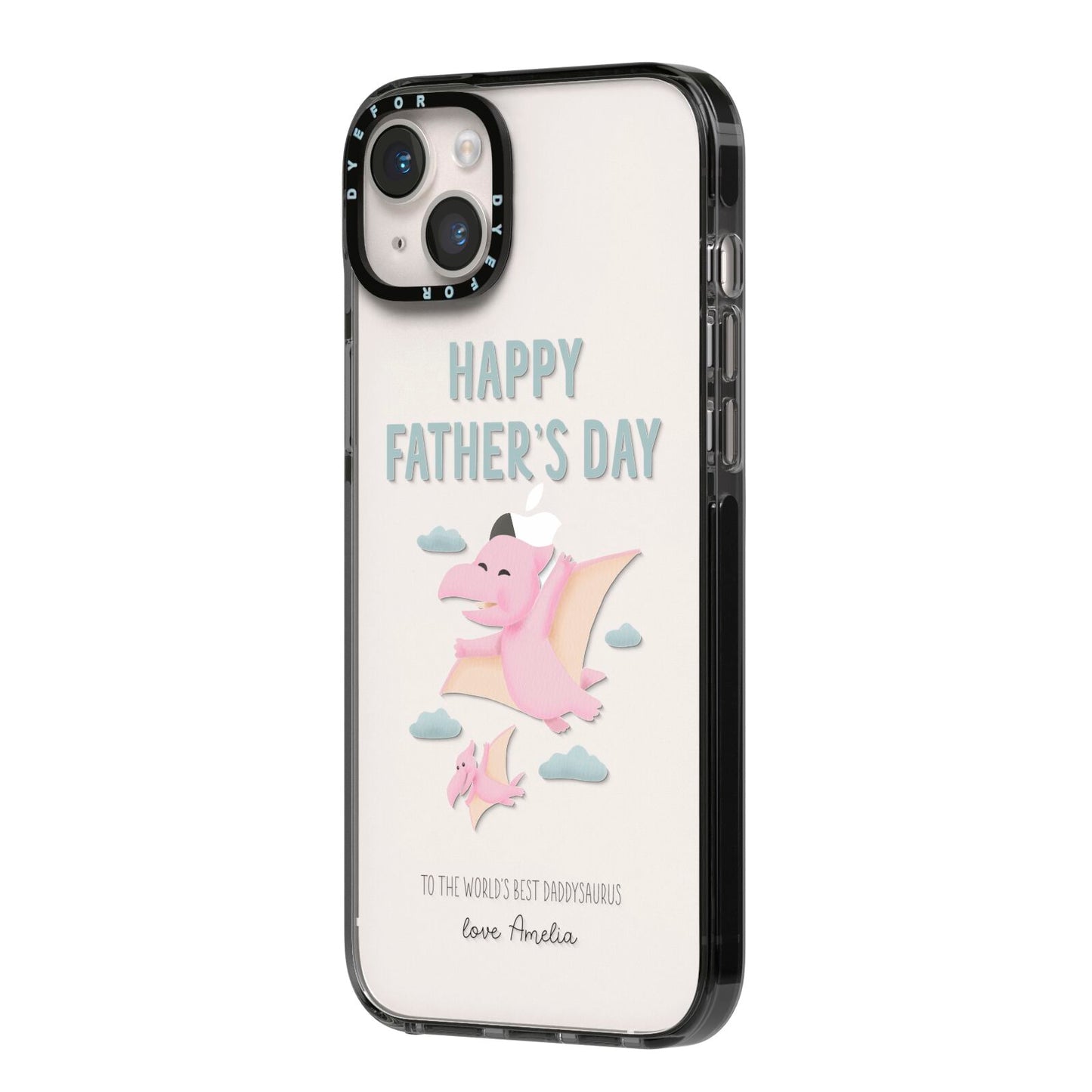 Pink Dino Happy Fathers Day Custom iPhone 14 Plus Black Impact Case Side Angle on Silver phone