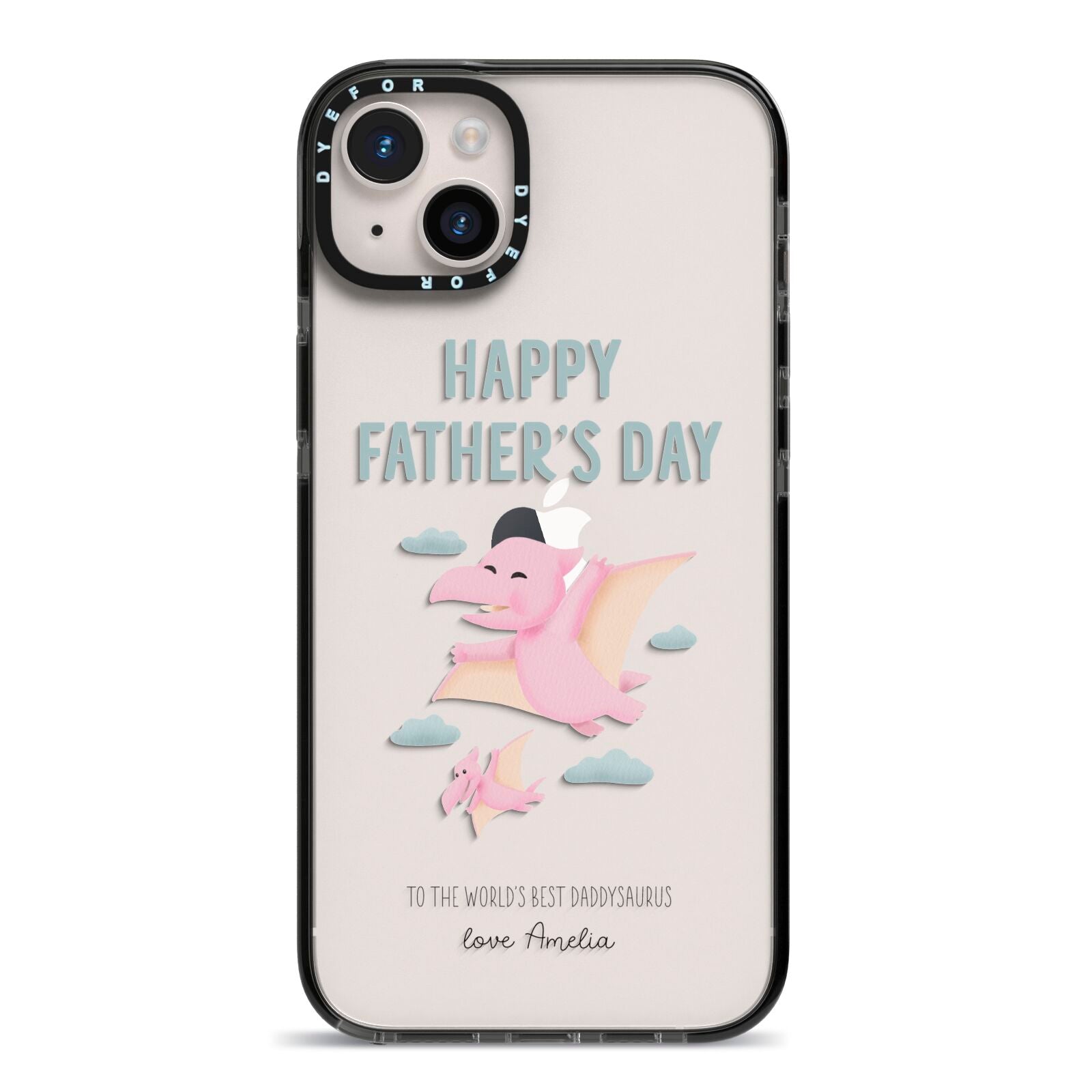 Pink Dino Happy Fathers Day Custom iPhone 14 Plus Black Impact Case on Silver phone