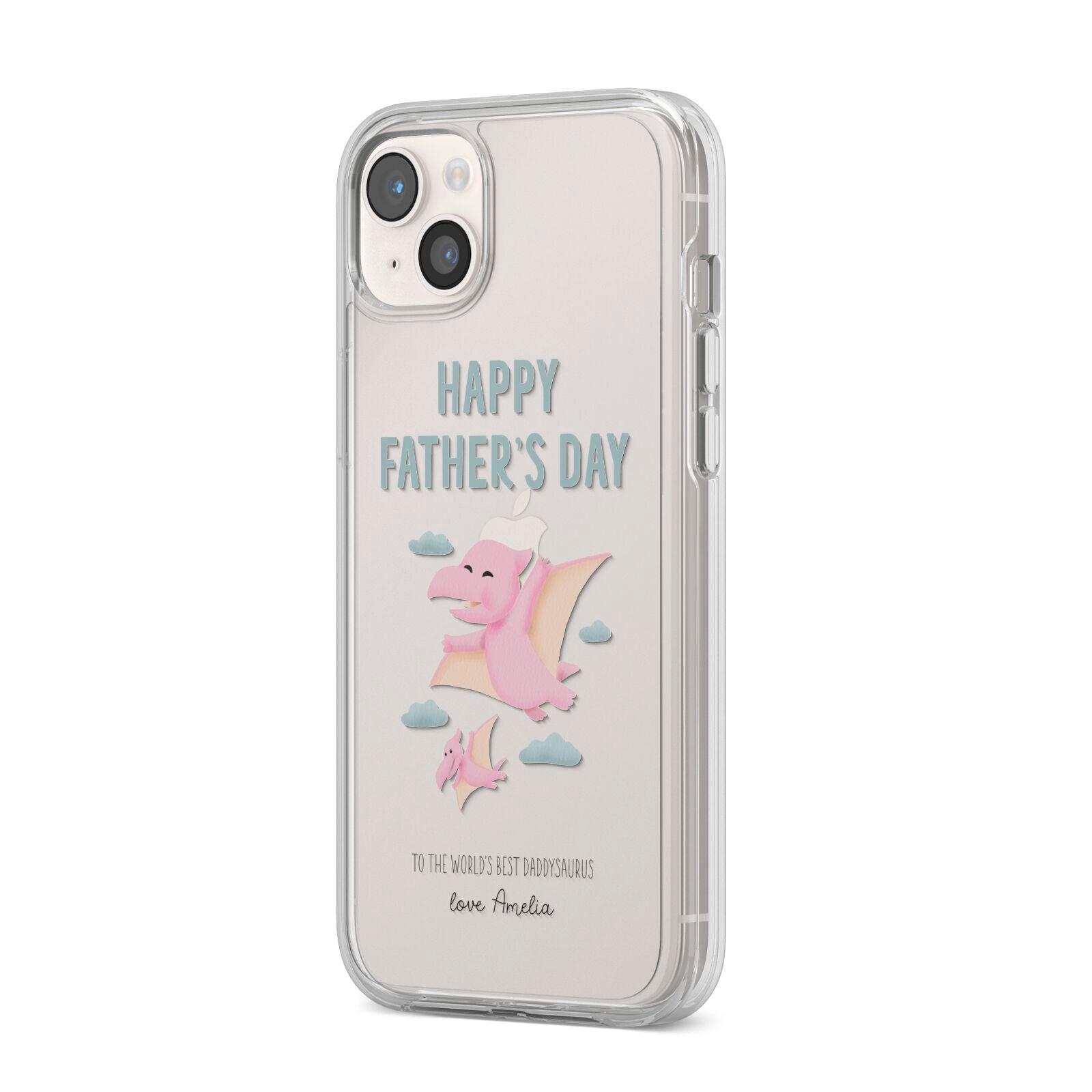 Pink Dino Happy Fathers Day Custom iPhone 14 Plus Clear Tough Case Starlight Angled Image