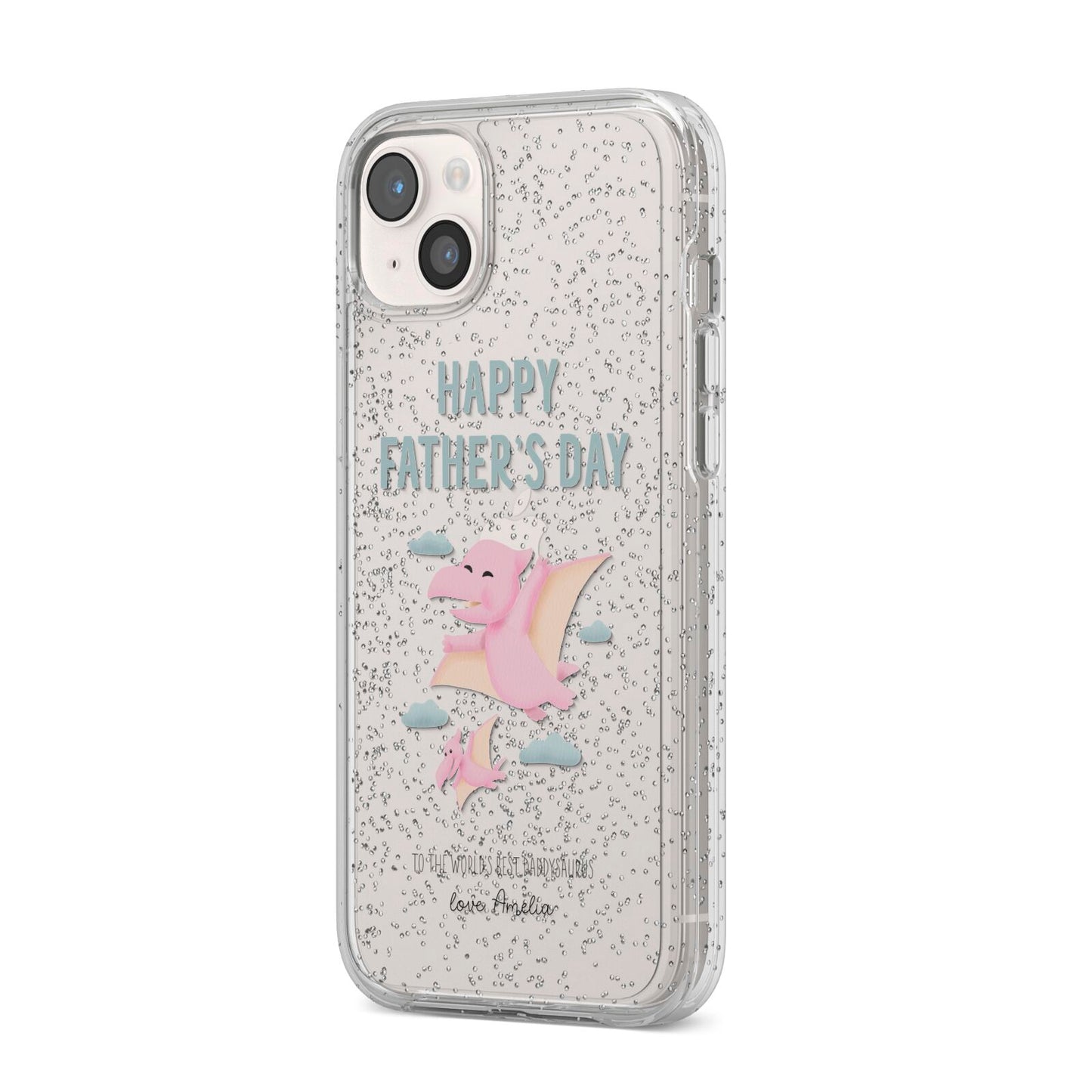 Pink Dino Happy Fathers Day Custom iPhone 14 Plus Glitter Tough Case Starlight Angled Image