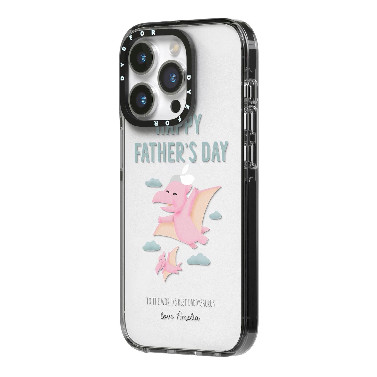 Pink Dino Happy Fathers Day Custom iPhone 14 Pro Black Impact Case Side Angle on Silver phone