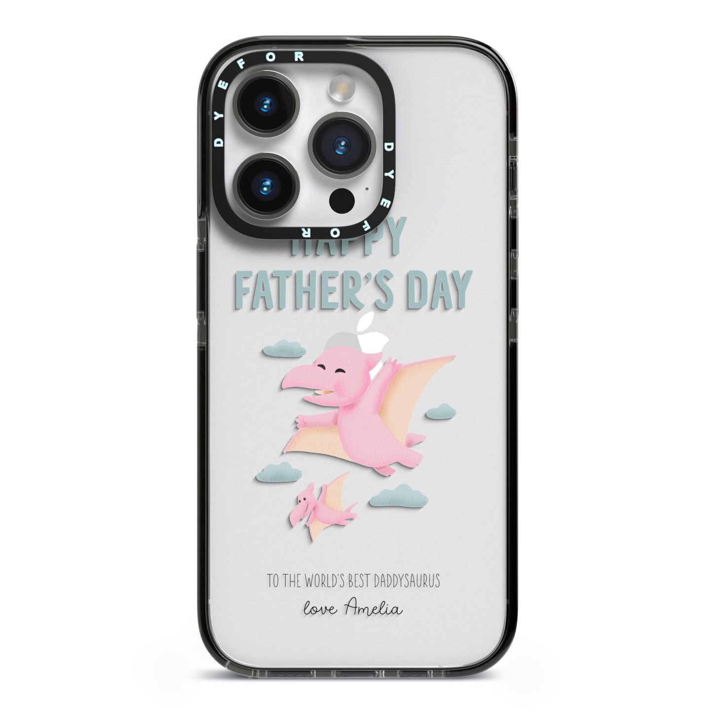 Pink Dino Happy Fathers Day Custom iPhone 14 Pro Black Impact Case on Silver phone