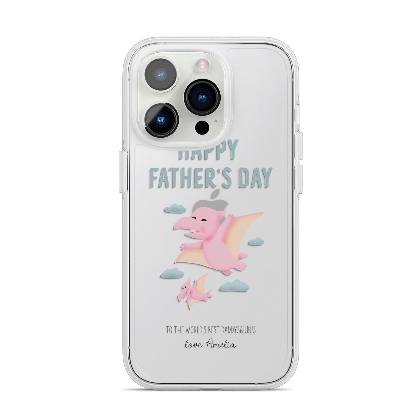 Pink Dino Happy Fathers Day Custom iPhone 14 Pro Clear Tough Case Silver