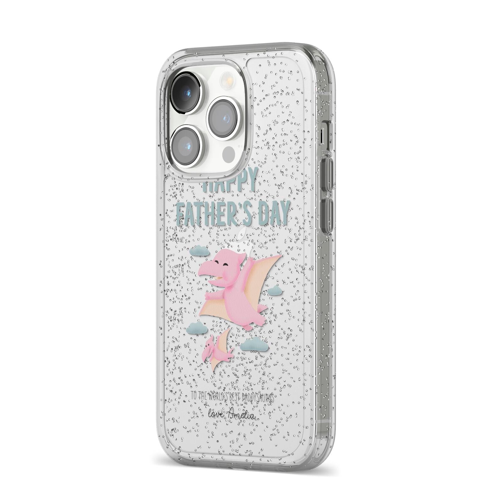 Pink Dino Happy Fathers Day Custom iPhone 14 Pro Glitter Tough Case Silver Angled Image