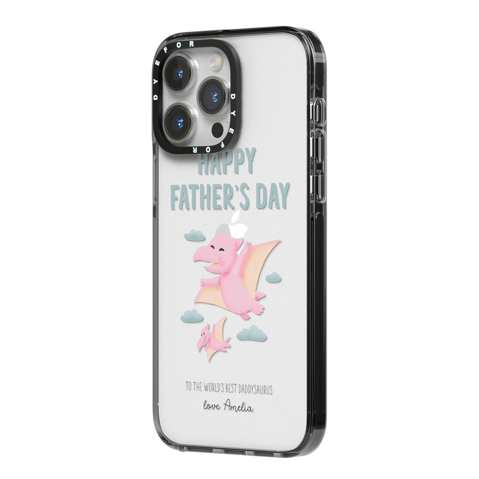 Pink Dino Happy Fathers Day Custom iPhone 14 Pro Max Black Impact Case Side Angle on Silver phone