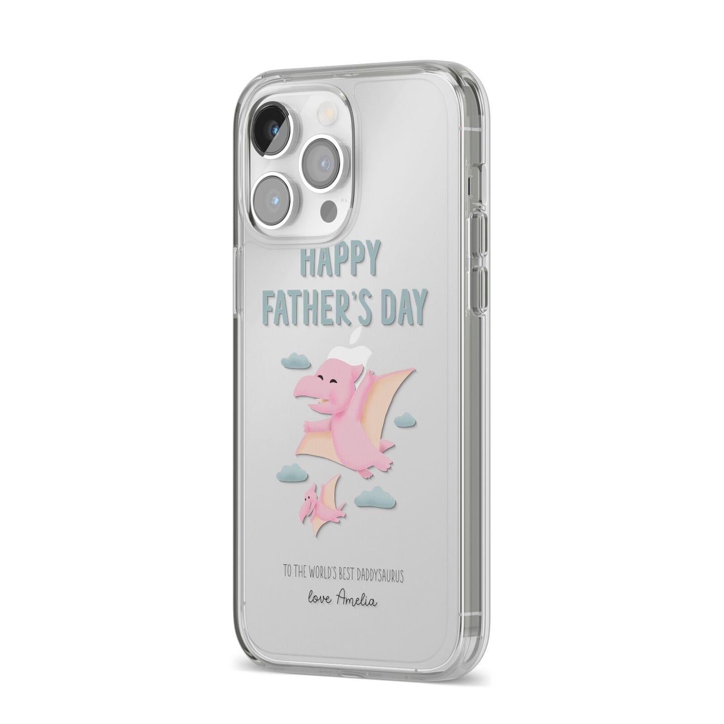 Pink Dino Happy Fathers Day Custom iPhone 14 Pro Max Clear Tough Case Silver Angled Image