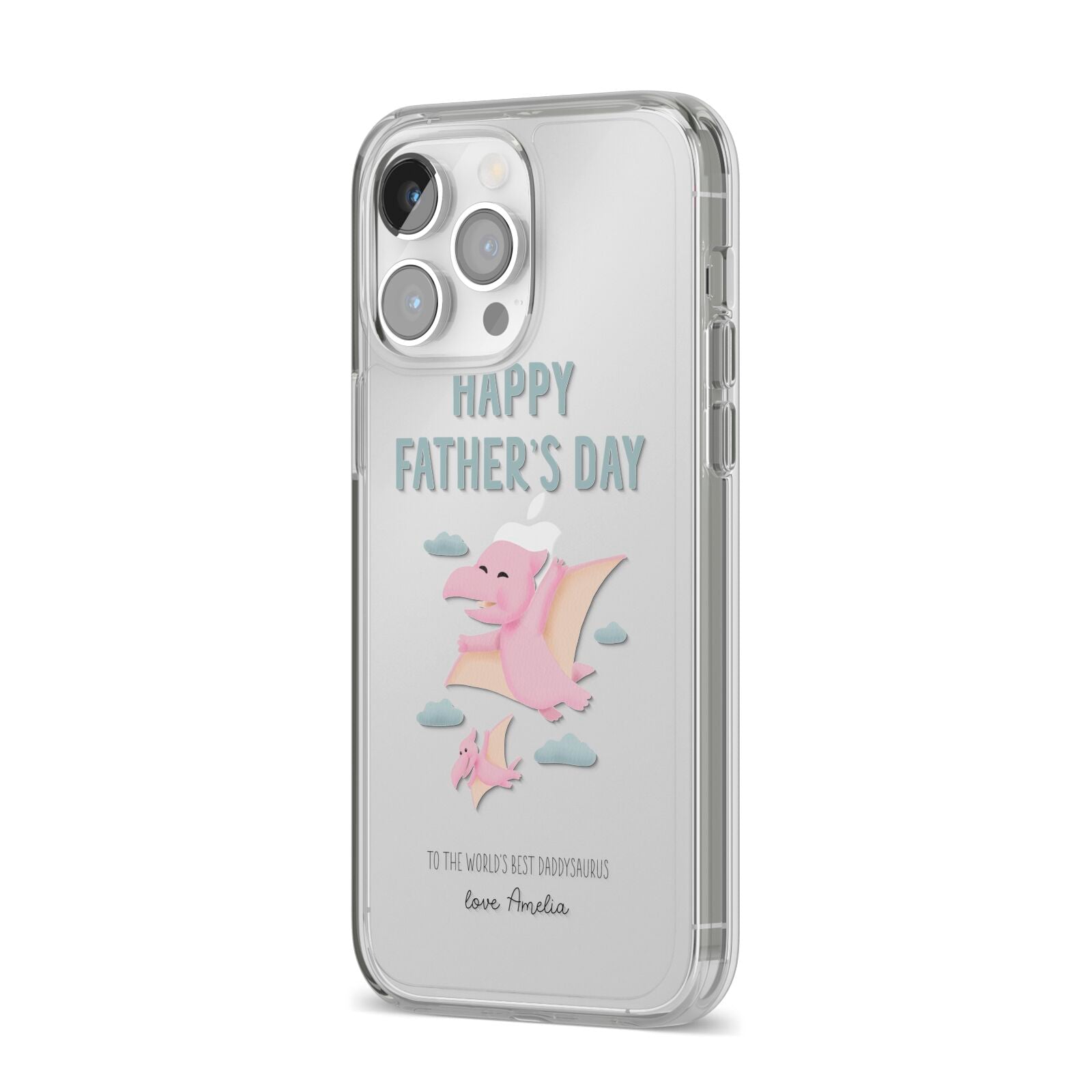 Pink Dino Happy Fathers Day Custom iPhone 14 Pro Max Clear Tough Case Silver Angled Image